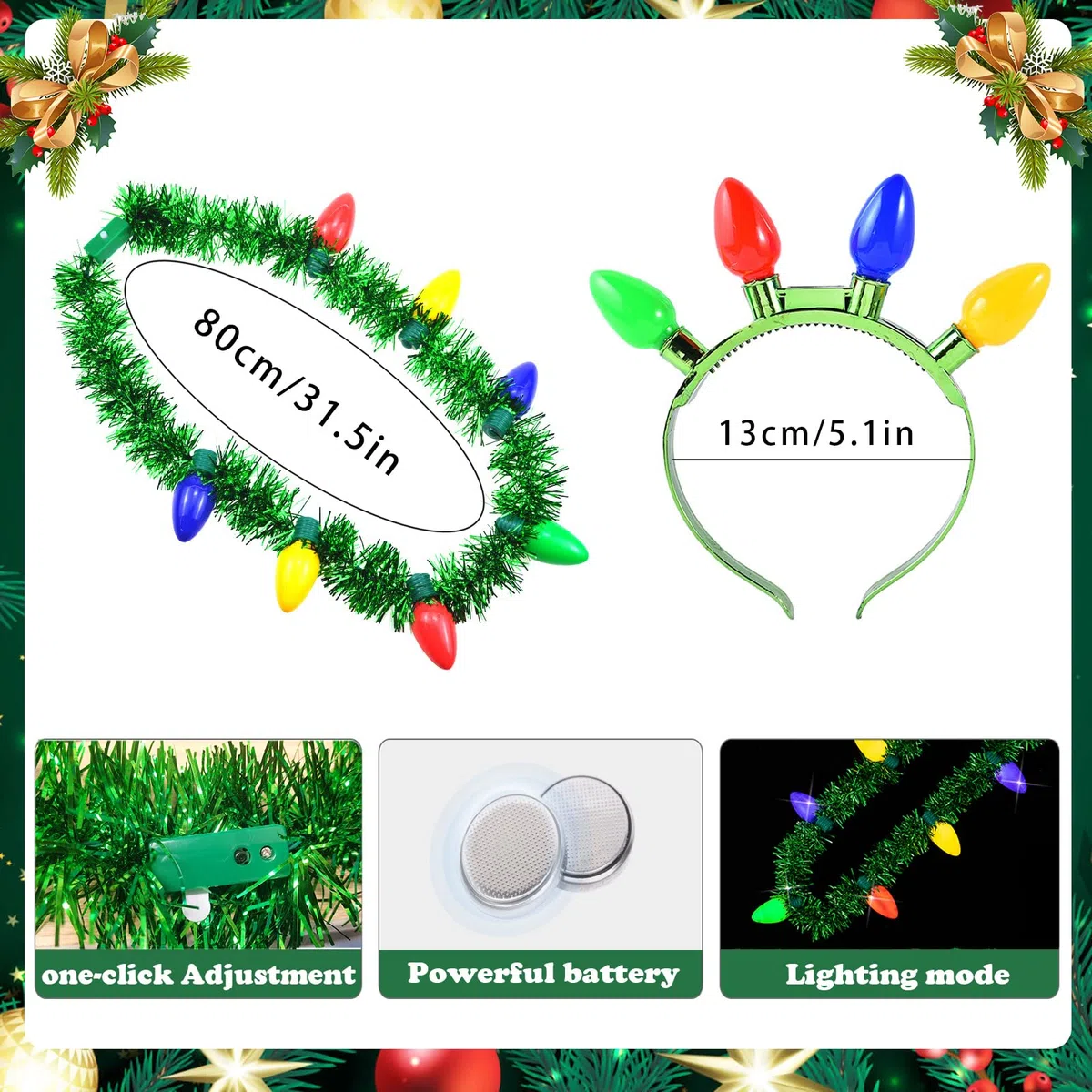 Hifot 2 Pezzi LED Cerchietto Natale Donna Bambina Costume Luminosa LED Collana Natale Lampadina con 3 Diverse modalità Flash Fascia per Capelli Feste di Natale