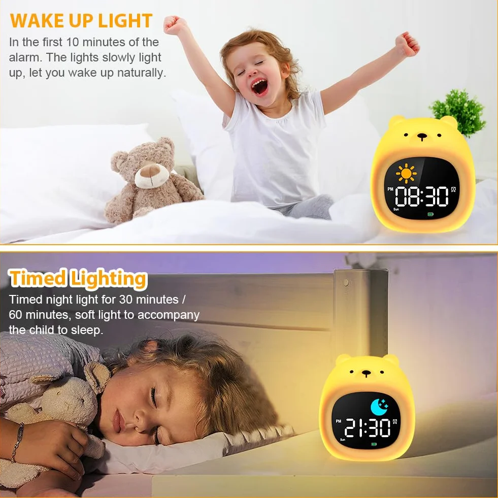 HOTUT Sveglia Bambini, Sveglia Digitale per Bambini, Sveglie da comodino con Luce Notturna Funzione Snooze Timer, 8 Colori Dimmerabile Lampada Notturna Ricaricabile, 6 Suonerie&Colori 8 Musica, Orso