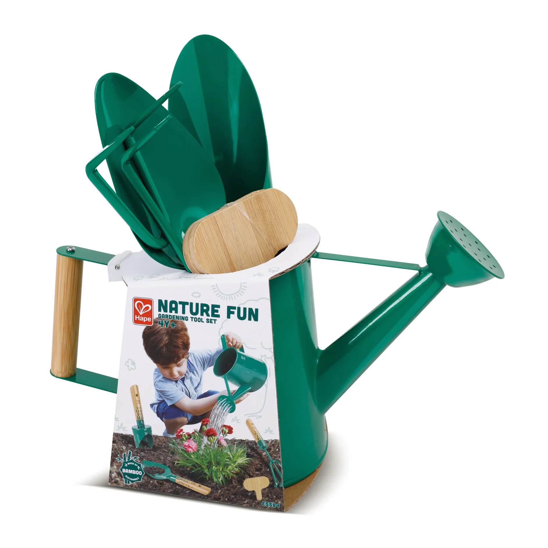 Hape Nature Fun - Set da Giardinaggio: annaffiatoio, spatola, rastrello e minivanga in Ferro e bambù per Piccoli giardinieri dai 4 Anni in su