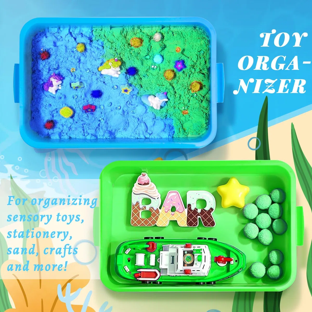 Sandbox con coperchio Sensory Bin con coperchio per bambini, vassoio in plastica, copertura per sandbox Sensory Sandbox contenitore per acqua, sabbia, perle e altro (verde e blu)