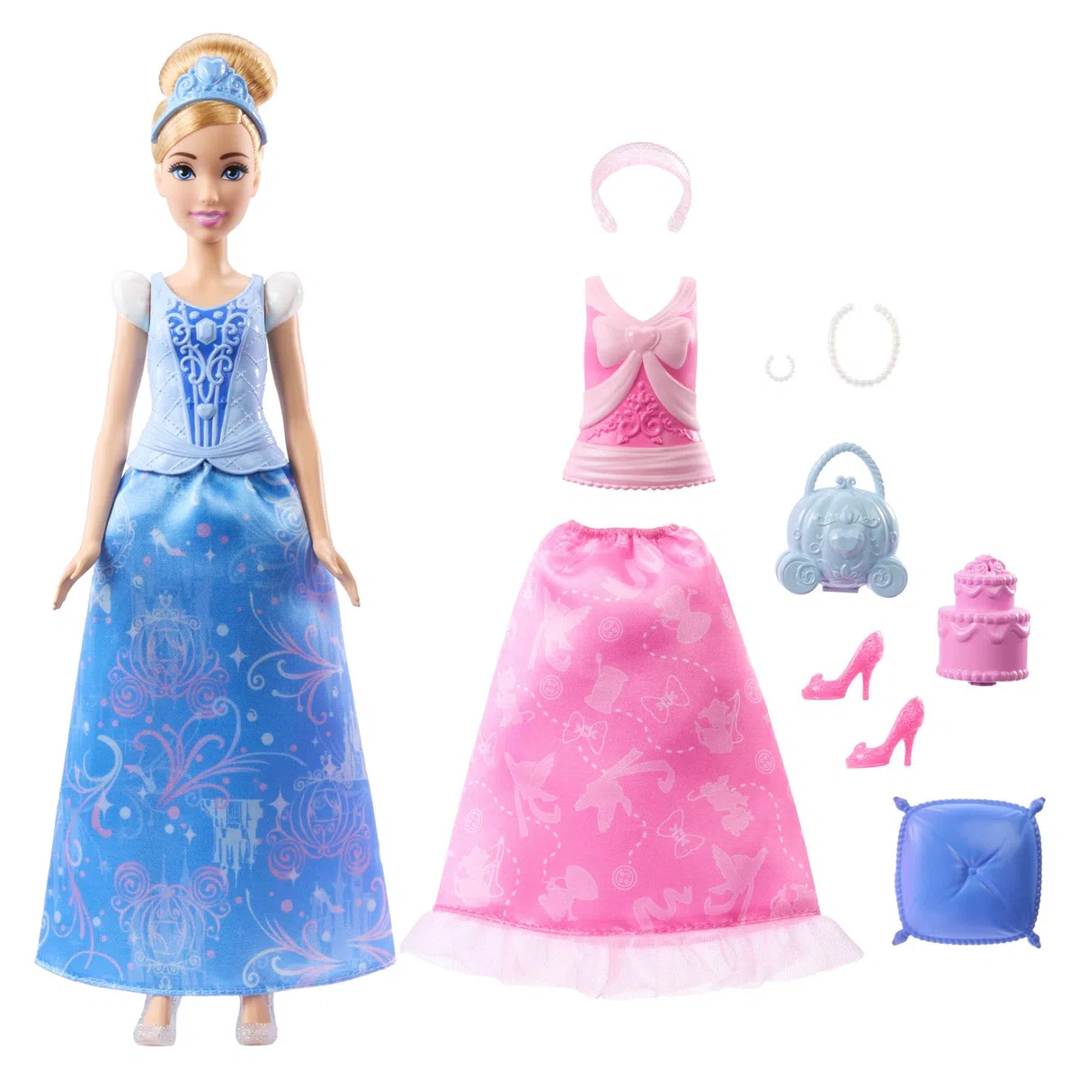 Mattel Disney Princess - Cenerentola 2 storie in 1, bambola alla moda ispirata al film con 2 look completi intercambiabili e 9 accessori inclusi, giocattolo per bambini, 3+ anni, rosa, JCR95