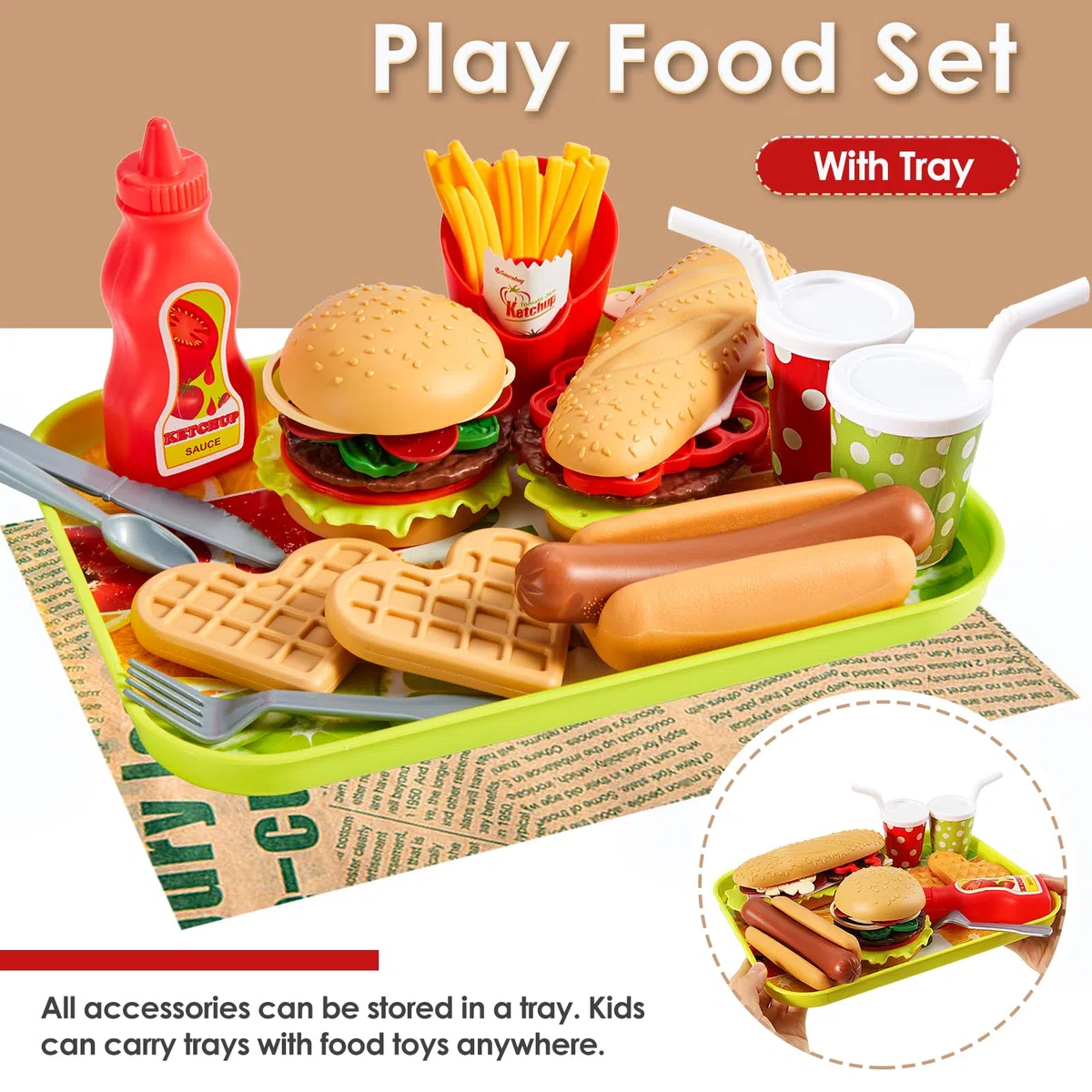 BUYGER Set Cibo Cucina Giocattolo per Bambini con Hamburger Hot Dog, Accessori Cucina Alimenti Finto, Giochi di Ruolo, Regalo per Bambini 3 + Anni