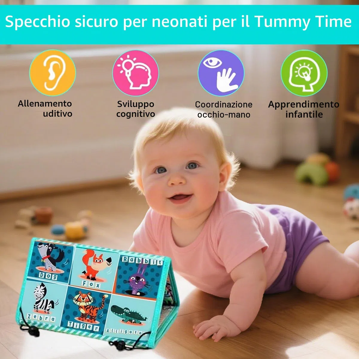 Giochi Montessori Neonato 0 3 6 12 Mesi, Libri di Stoffa con Specchio per Bambini, Libro Sensoriale Neonati Tummy Time Neonati Bianco e Nero Giocattoli Educativi Interattivo Regali per Neonato