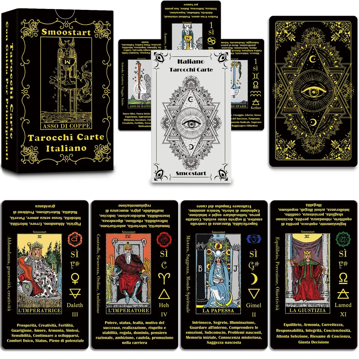 Smoostart Tarocchi Carte Italiano Per Principianti Con Significato, Tarocchi Con Guida Per Principianti, Parole Chiave, Elemento, Pianeta, Zodiaco, Chakra, Sì O No, Tono Musicale, Numerologia
