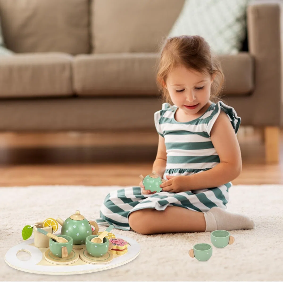 Set da Tè in Legno per Bambini - 14pcs Accessori Cucina Giocattolo con Accessori - Set da tè Pomeridiano, Servizio da tè di Ruolo, Regalo per Feste, Regali di Compleanno