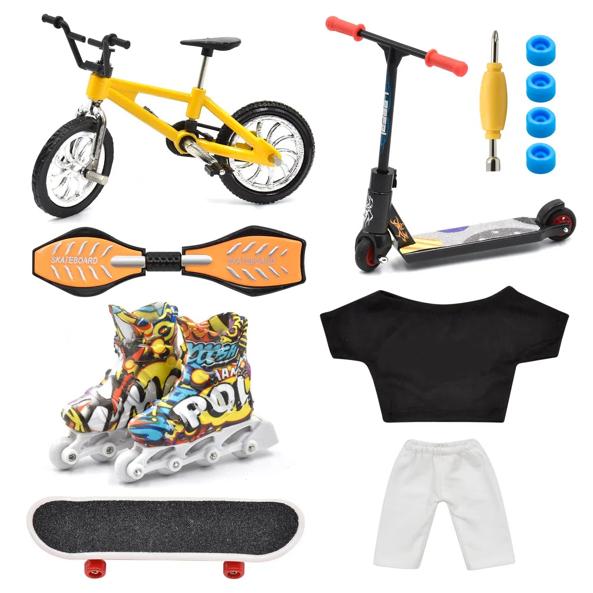 Mini Set Giocattoli per Dita: Skateboard, Bicicletta, Scooter, Vitality Board, Pattini, Pantaloni, Trucchi Di Formazione - Puntelli per Movimento