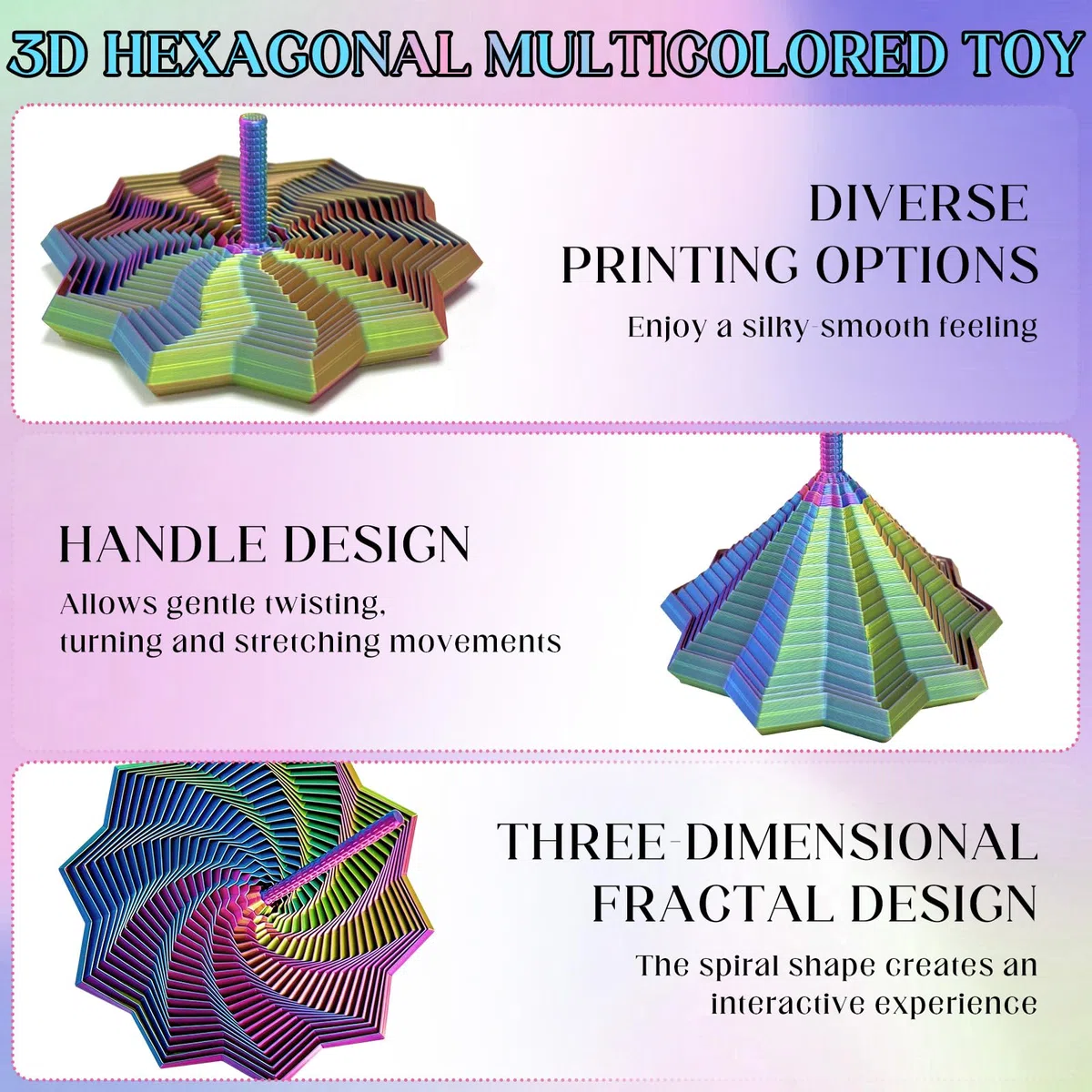 Fidget Star, stella frattale espansa stampata in 3D con manico, spirale rotante esagonale di decompressione, gadget multi-sfaccettato per alleviare lo stress, illusione visiva ornamenti a spirale