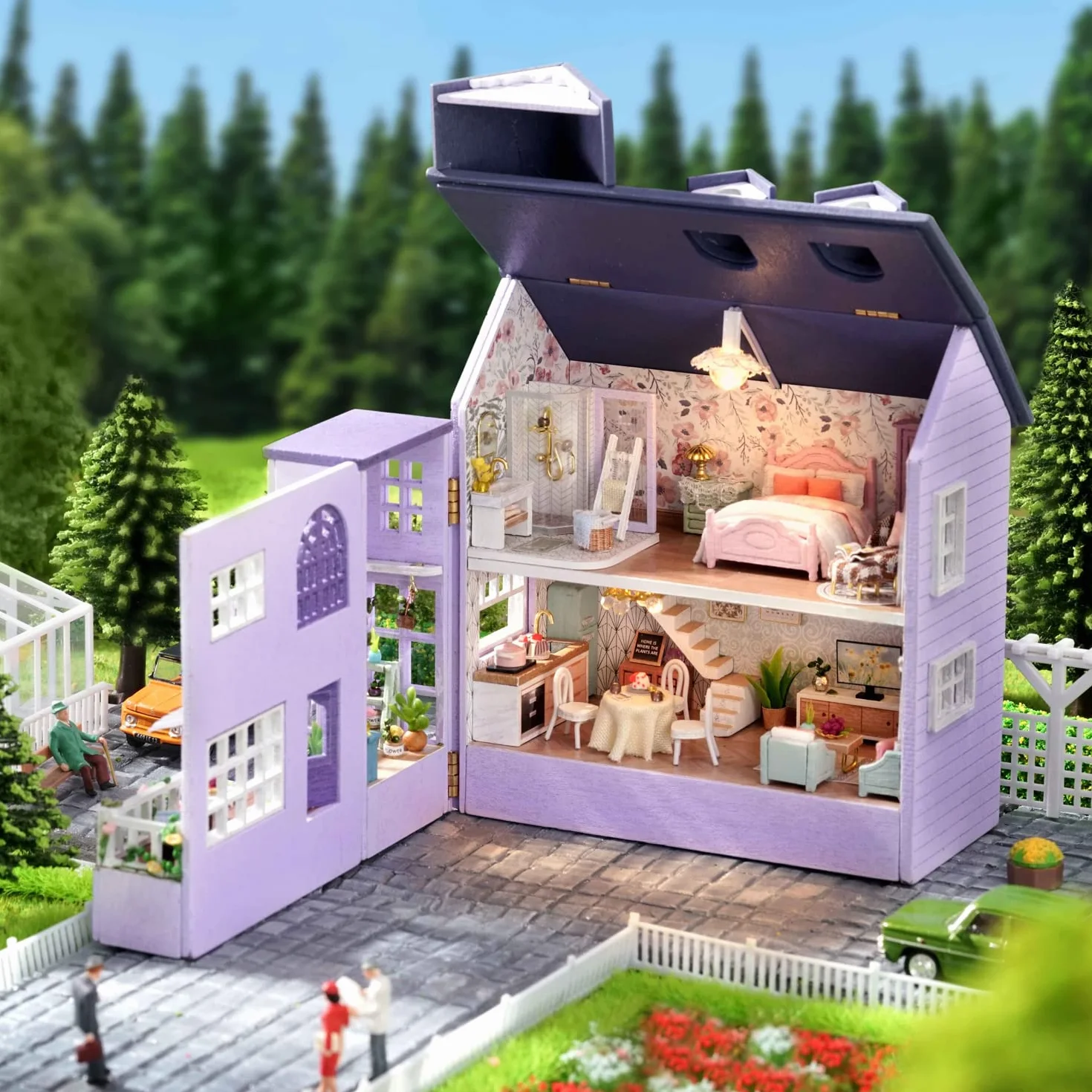 CUTEROOM Miniatura casa delle Bambole con mobili,Fai da Te in Miniatura Casa delle Bambole Kit,Mini 3D Casa in Legno con Luci A LED - Regalo di Compleanno di Natale (Happy House)