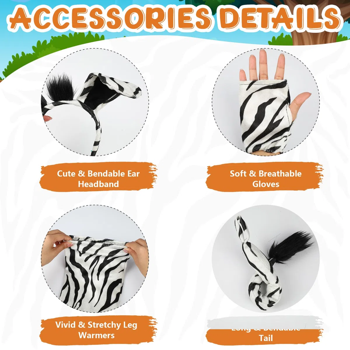 Hifot 6 Pezzi Set di Costumi per Zebra, Zebra Cerchietto con Orecchie Coda Guanti Scaldamuscoli, Zebra Costume Animale Accessori per Bambini Adulti per Cosplay Halloween Carnevale Festa a Tema