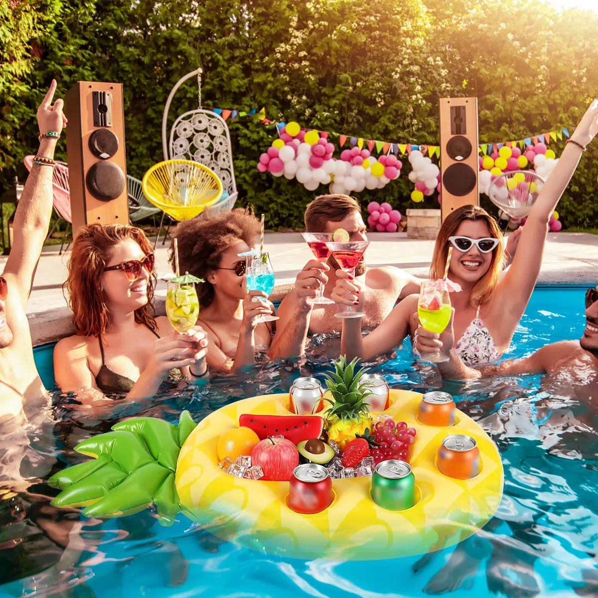 Portabevande gonfiabile, galleggiante, per bevande 2 in 1 e snack, per piscina, 8 fori, grande capacità, bellissimo portabottiglie gonfiabile, per l'estate e per la piscina