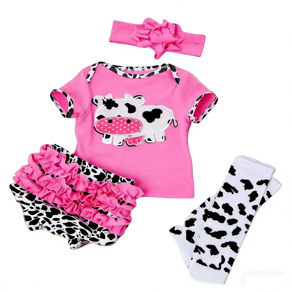 Set di vestiti per bambole da 50 a 55 cm Reborn Baby Bambole, 4 pezzi con motivo mucca, body rosa con balze, scaldamuscoli e fascia, cotone, unisex