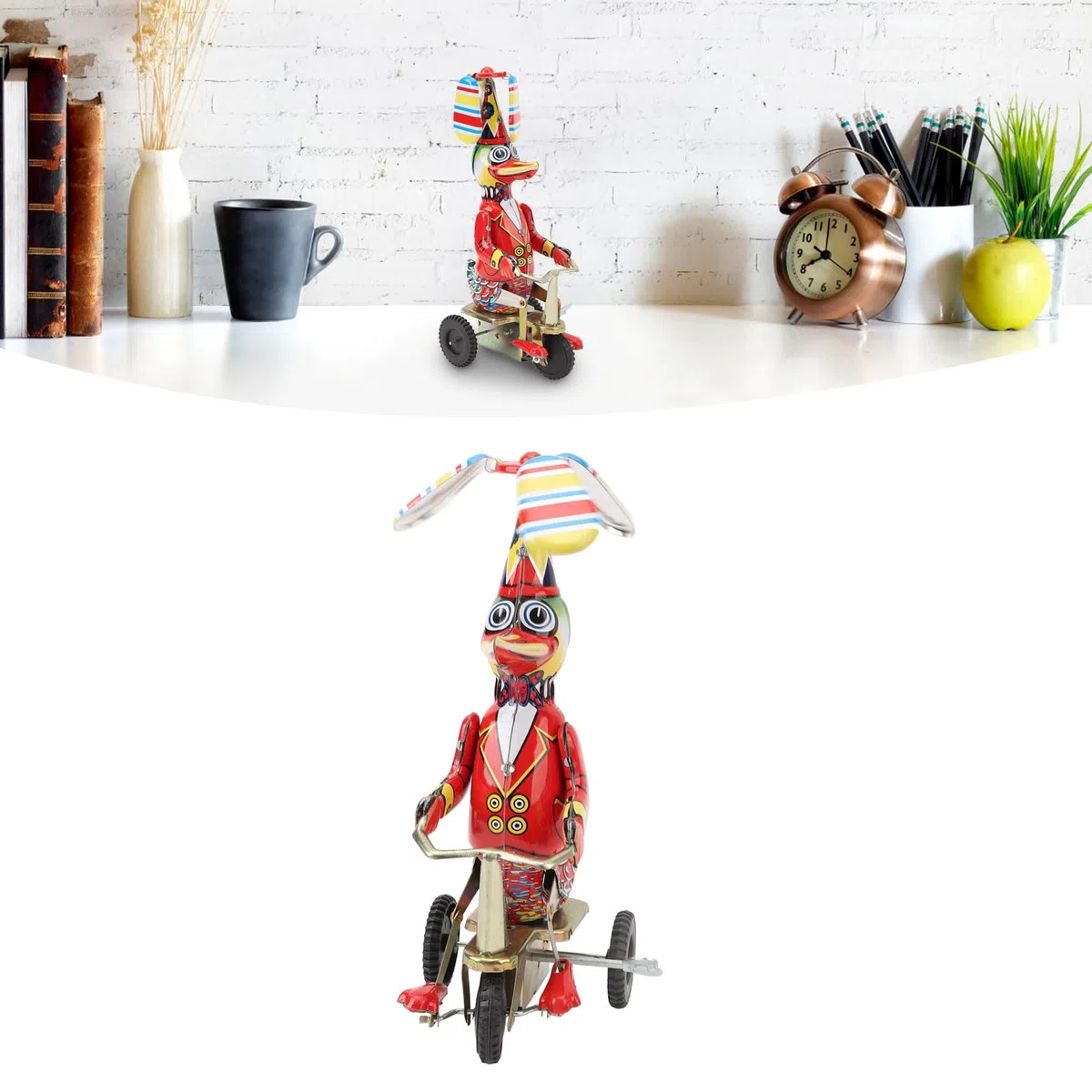 Anatra retrò su Bici Giocattolo di Latta Meccanismo a Carica Nostalgico Regalo per Adulti da Collezione Materiale: Banda Stagnata