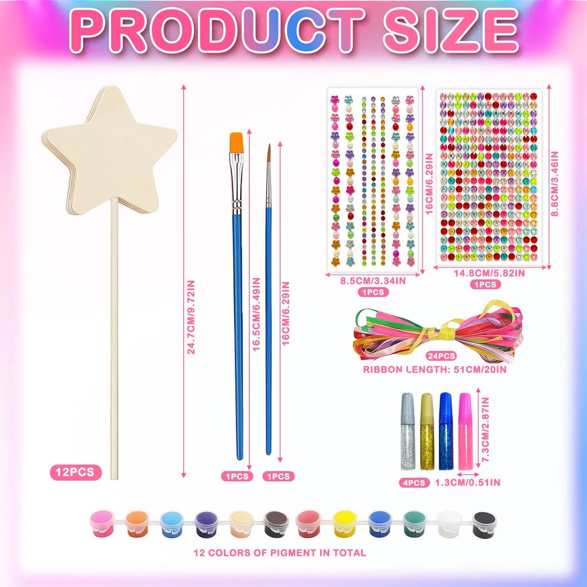 Meanju 12 Pezzi Bacchette Magiche in Legno, Bacchetta Principessa,Bacchetta Fata Stella Glitter Principessa,Bacchetta Magica con Stella in Legno Set,Kit per Fai da Te Creativi Ragazza