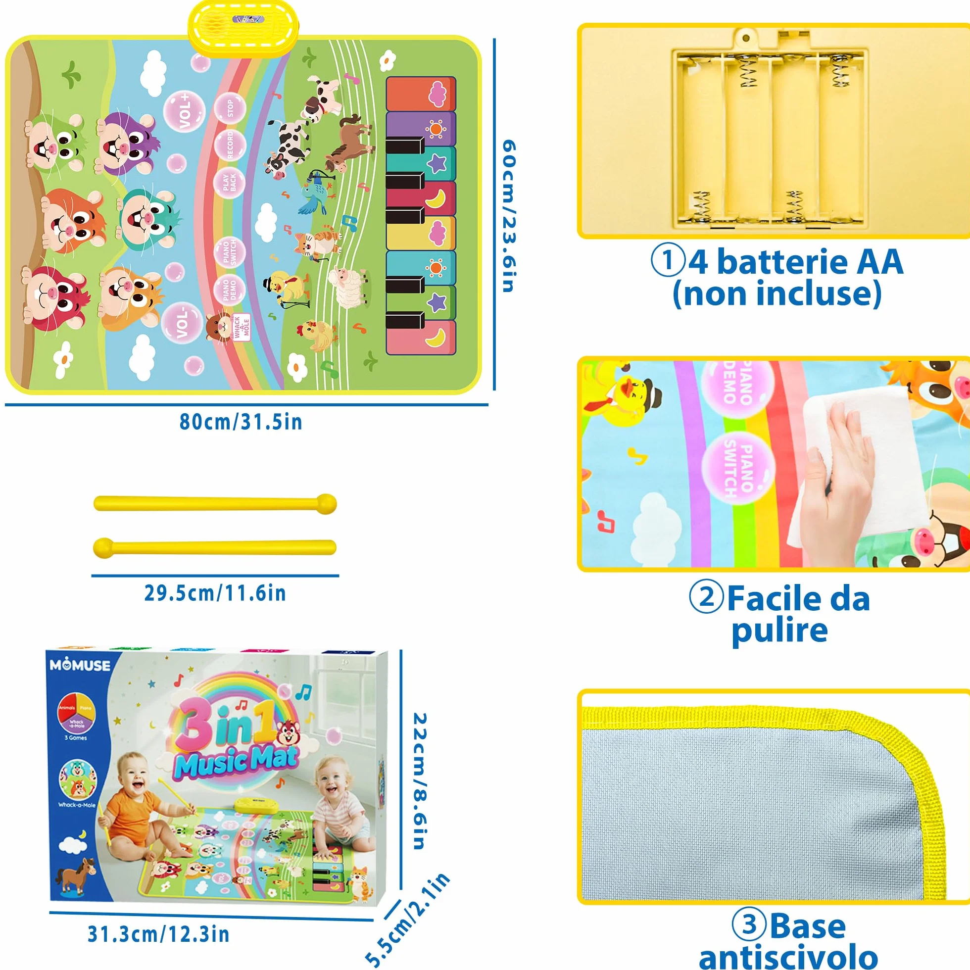 MOMUSE Tappeto Musicale con Gioco Colpisci la Talpa, Tappeto Pianoforte 3 in 1 per Bambini 1 2 3 Anni, Giocattoli Sensoriali Montessori per l'Apprendimento Precoce, Regali di Compleanno per 3 4 5 Anni