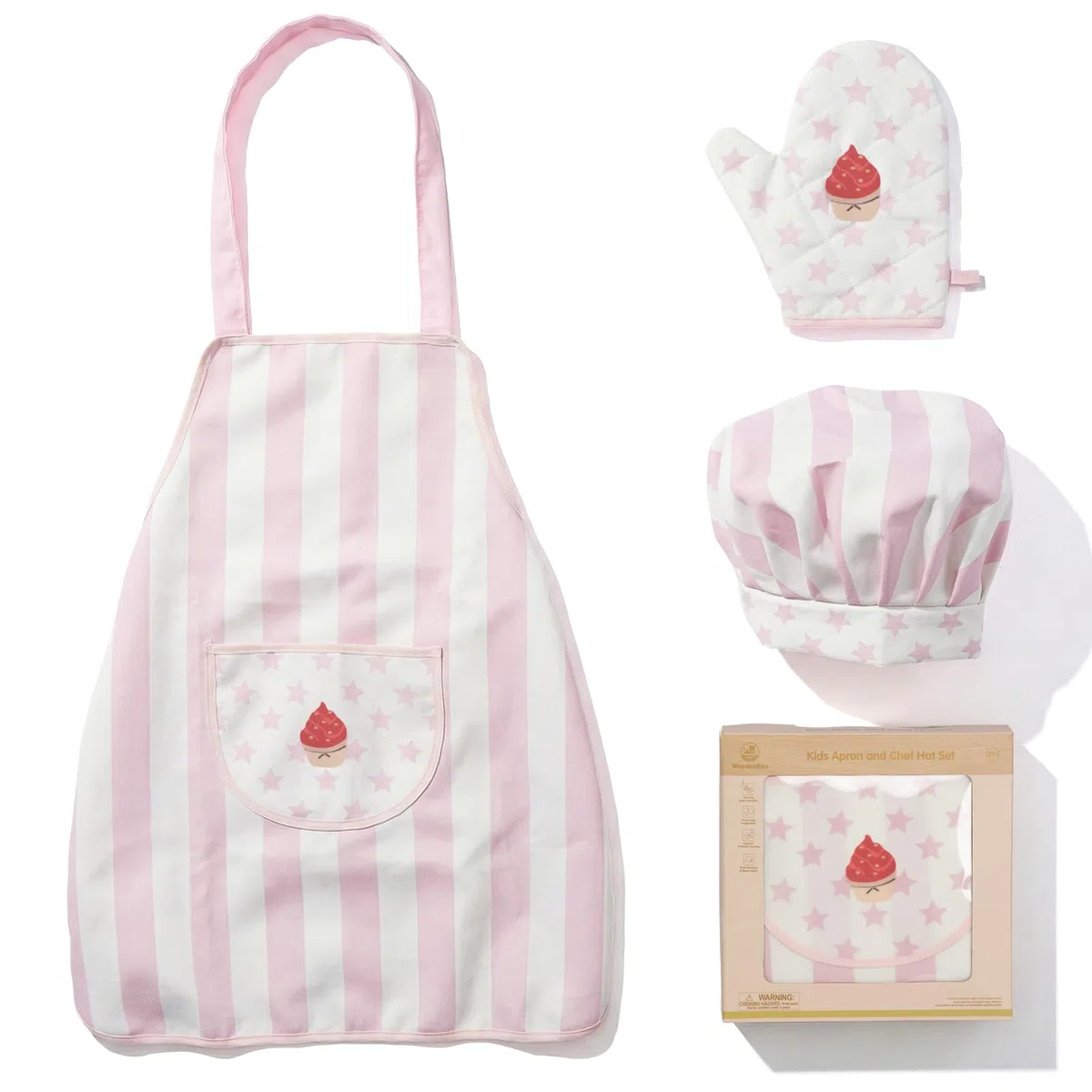 WOODENFUN Set di cappelli da cuoco per bambini, set da chef per bambini, grembiule da cucina con tasche, cappello da cucina, elastico con motivo a stelle, guanti da cucina