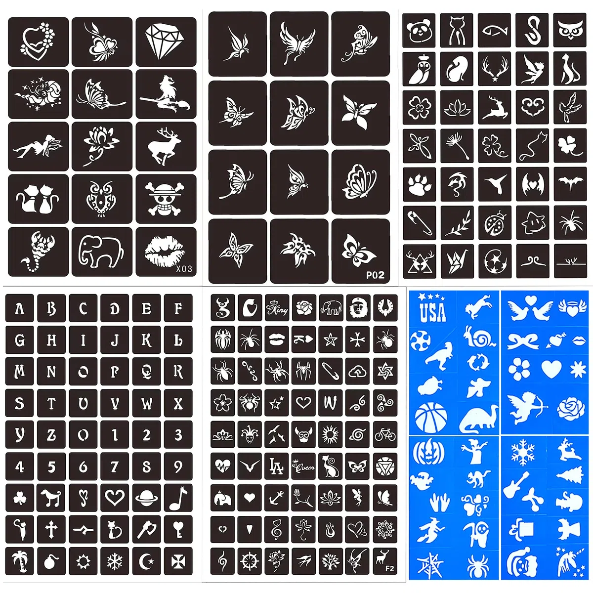 Set di tatuaggi glitterati per bambini, 42 colori (glitter, 12 fluorescenti, lucidi di notte), 219 stencil, 213 strass, 5 pennelli, 4 adesivi (fácil da lavare, non irrita la pelle)