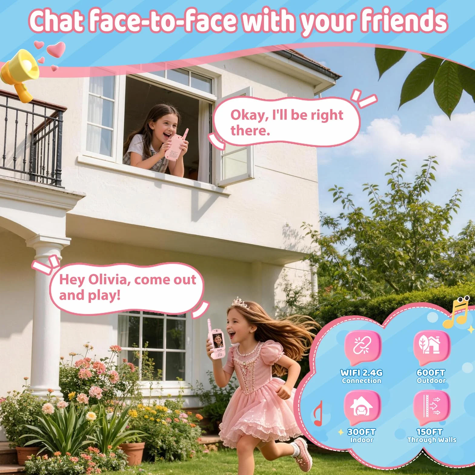 Video Walkie Talkie Bambini Lungo Raggio Ricaricabile, Regalo Bambina 3-12 Anni, Videochiamata, 6 Effetti Voce, 23 Emoticon, 12 Adesivi, LCD 2", Rosa, Confezione da 2