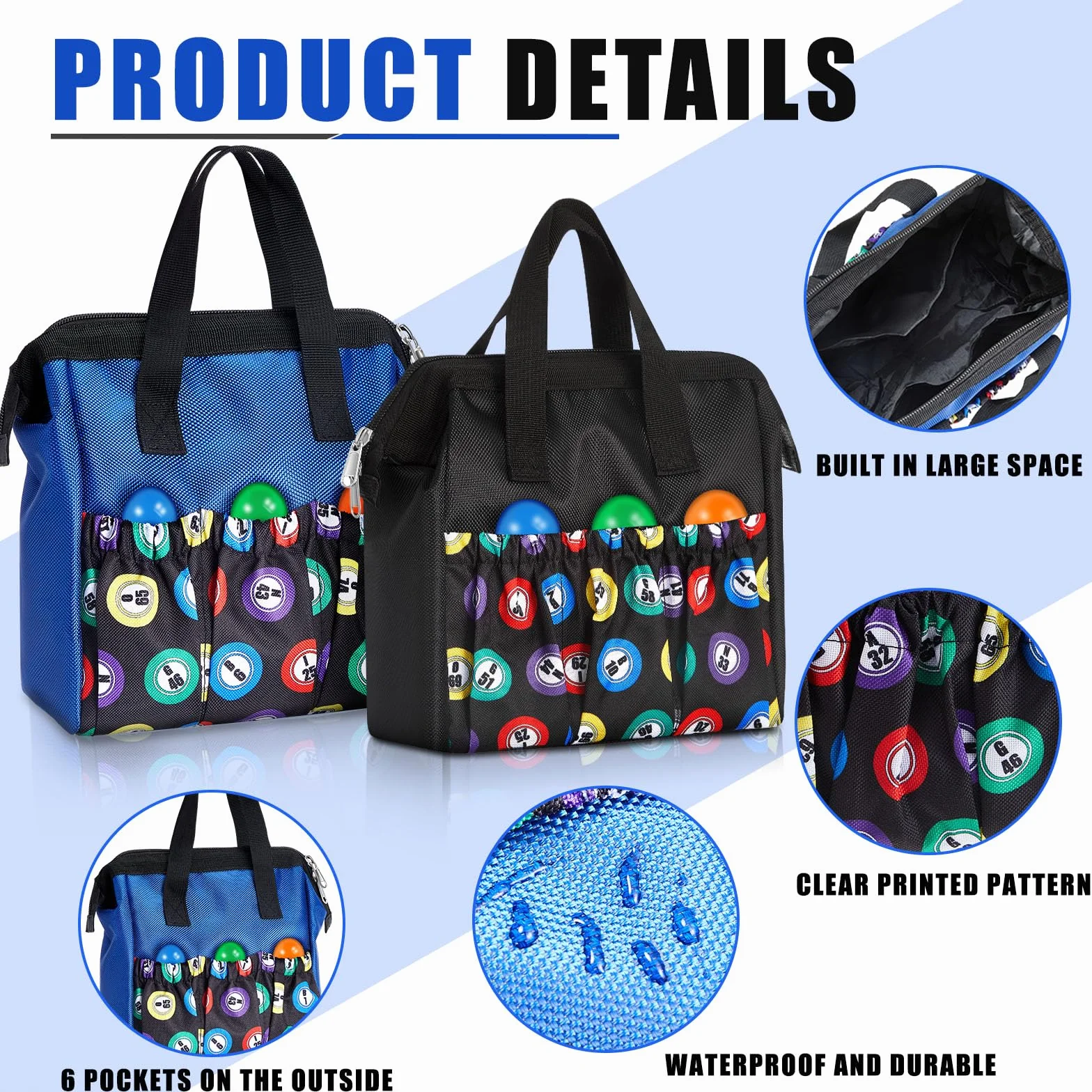 Sweetude Borsa da bingo Dauber con manico e cerniera, con 6 tasche esterne e 3 tasche interne, 2 pezzi, nero, blu., Large, Borsa casual