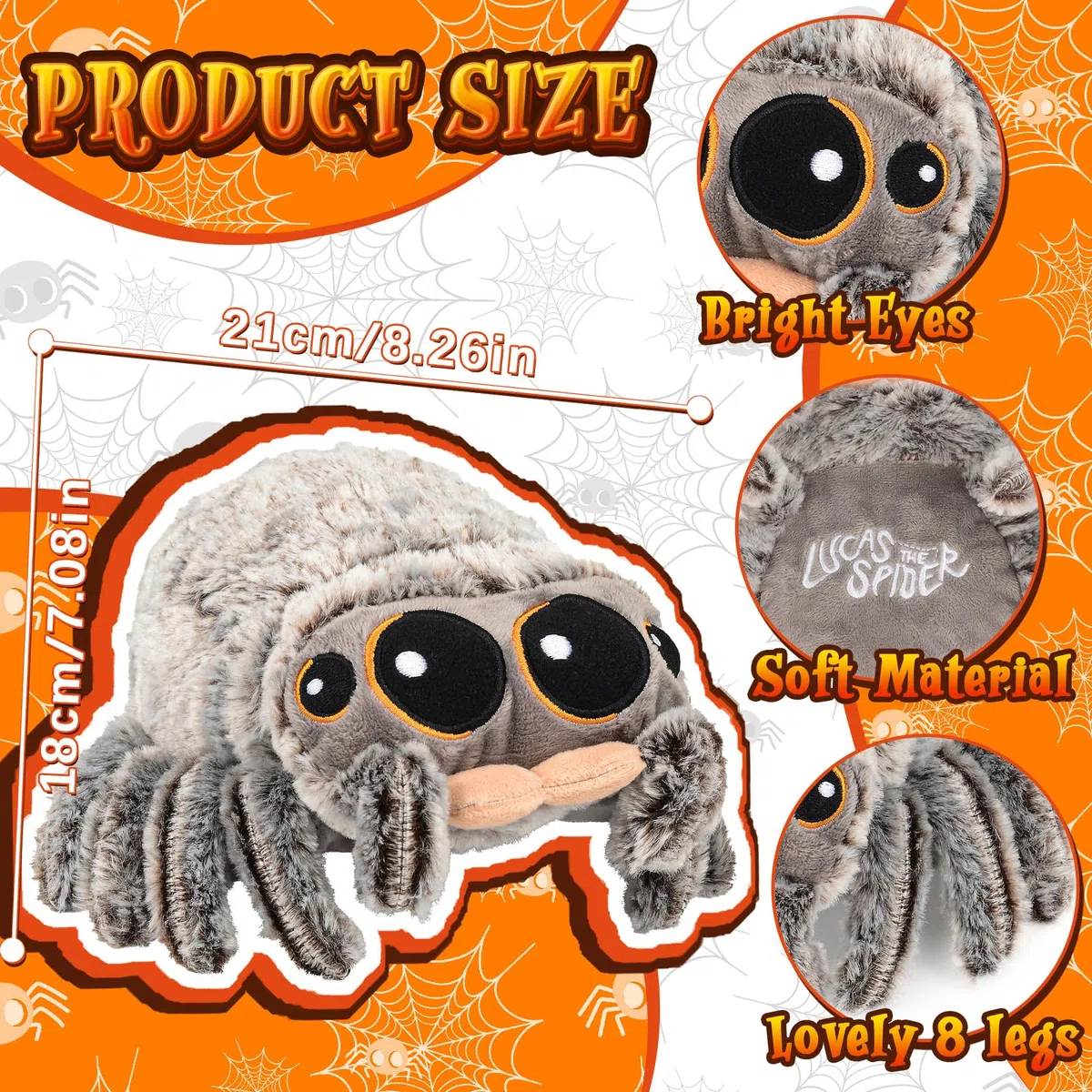 Ragno Peluche Bambola, 8,2 pollici Carino Occhi Grandi Ragno Animale di Peluche, Spider Stuffed Toy, Ragni di Peluche di Halloween, Giocattolo di peluche morbido e coccoloso per Bambini e Amici