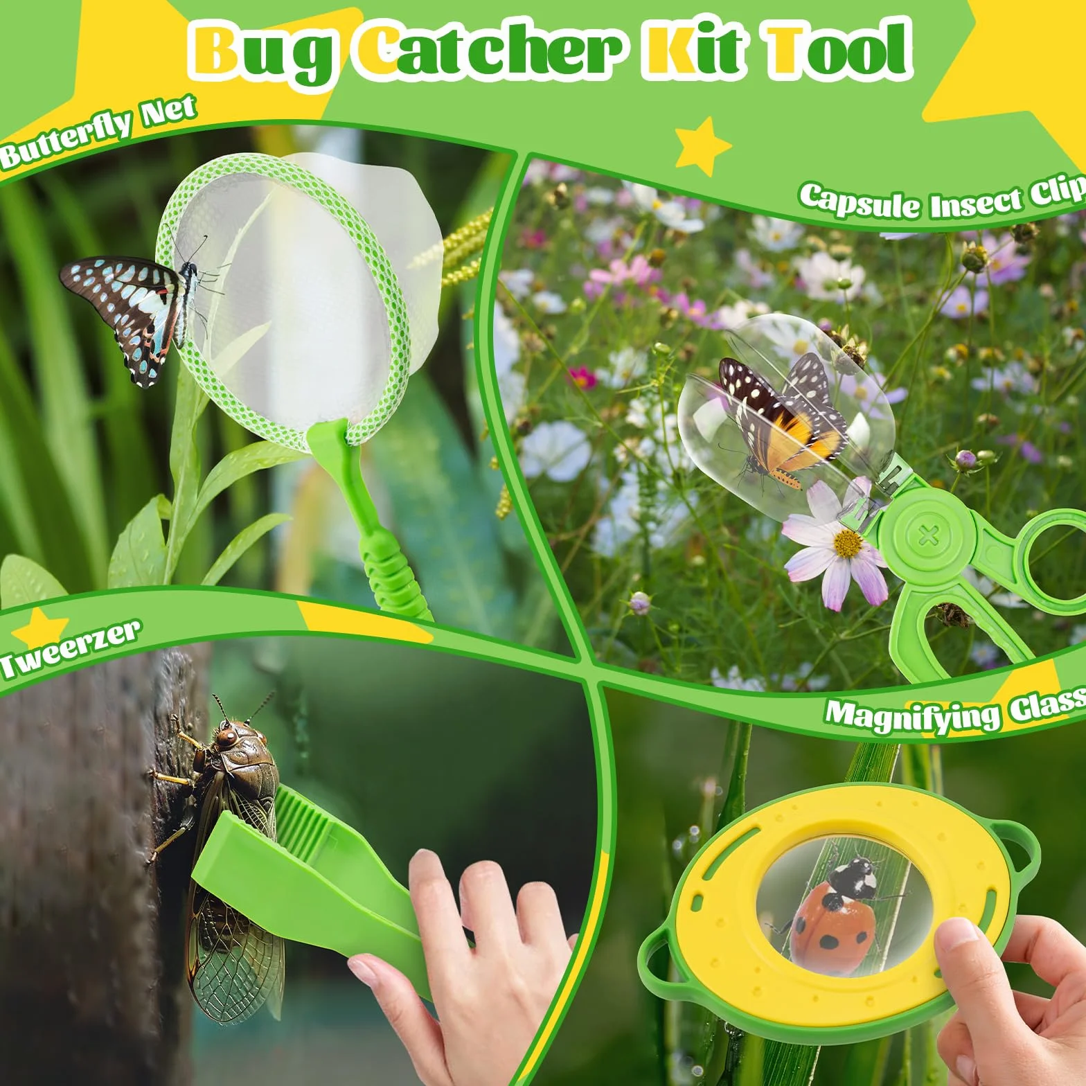 Set di Giocattoli da Esploratore Esterno, 5 Pezzi Set di Caccia agli Insetti per Bambini, incl Casella degli Insetti, Lente di Ingrandimento, Reti per Farfalle, Pinzette, 12 Insetti Falsi