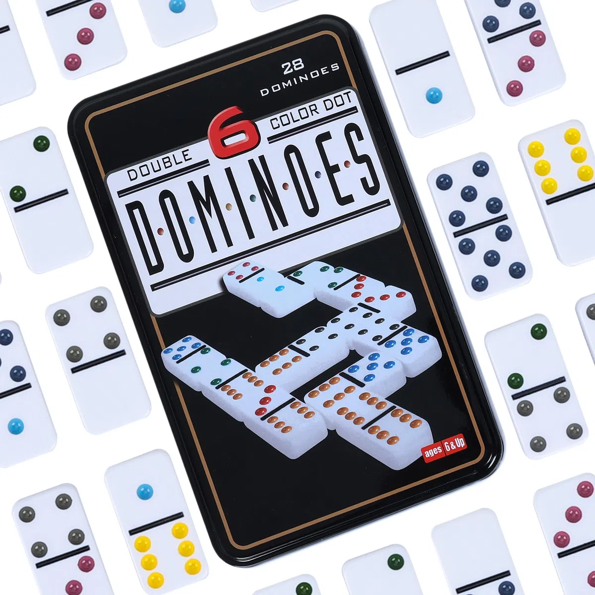 Domino Doppio 6 con Scatola di Metallo - 28 Pietre con Punti Colorati Set di Domino, Giochi da Tavolo Classici per Bambini e Adulti, Famiglie e Amici