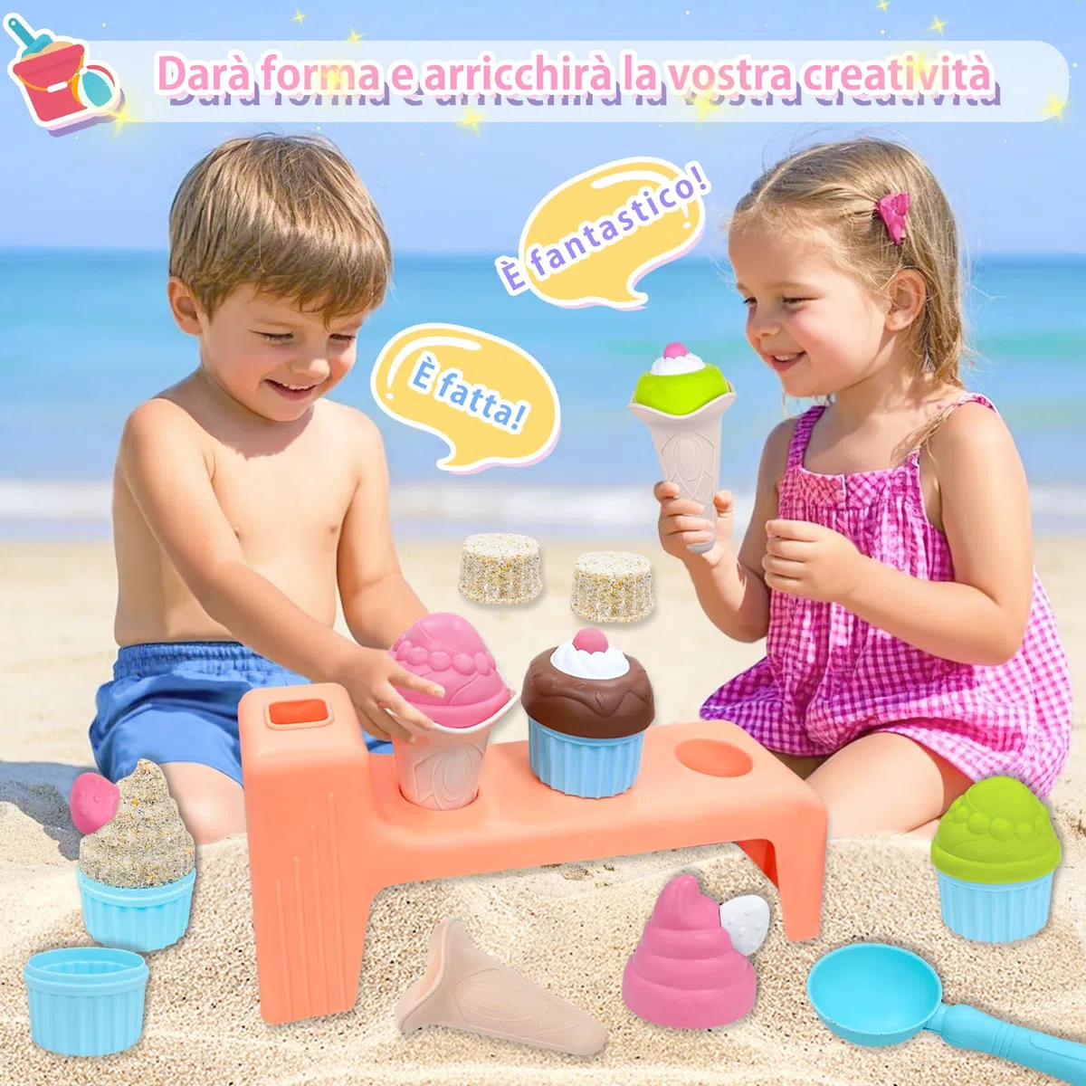 VBACALA Set Spiaggia per Bambini 15 Pezzi,Giocattolo Spiaggias di Gelato Completo con Pala,Gelato Stampo,Cono Torta Giocattolo Spiaggia, Giocattoli Bambini 3+ Anni