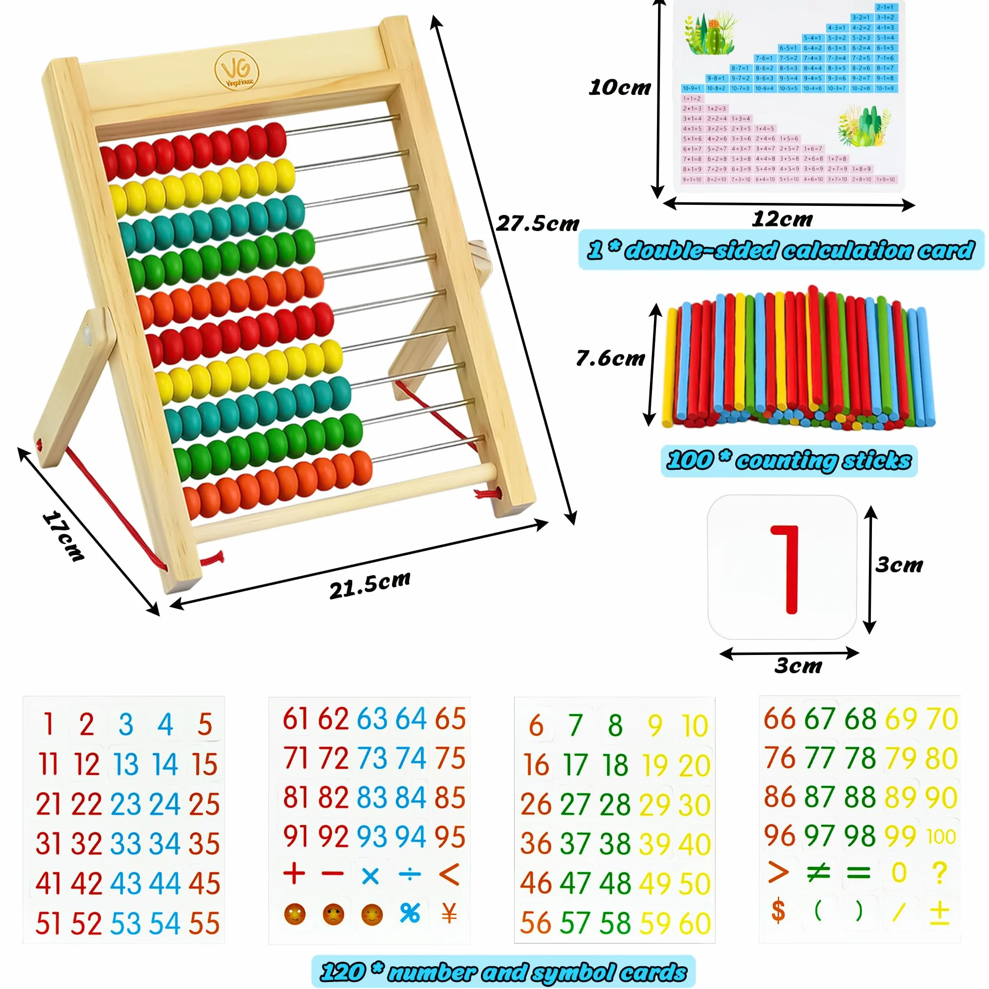 Abaco di Legno per Bambini, Giochi Montessori Abaco con 100 Bastoncini di conteggio e Carte con Lettere numeriche Giocattoli Educativi Giochi Abaco Regali per Ragazzi e Ragazze Oltre i 3 Anni