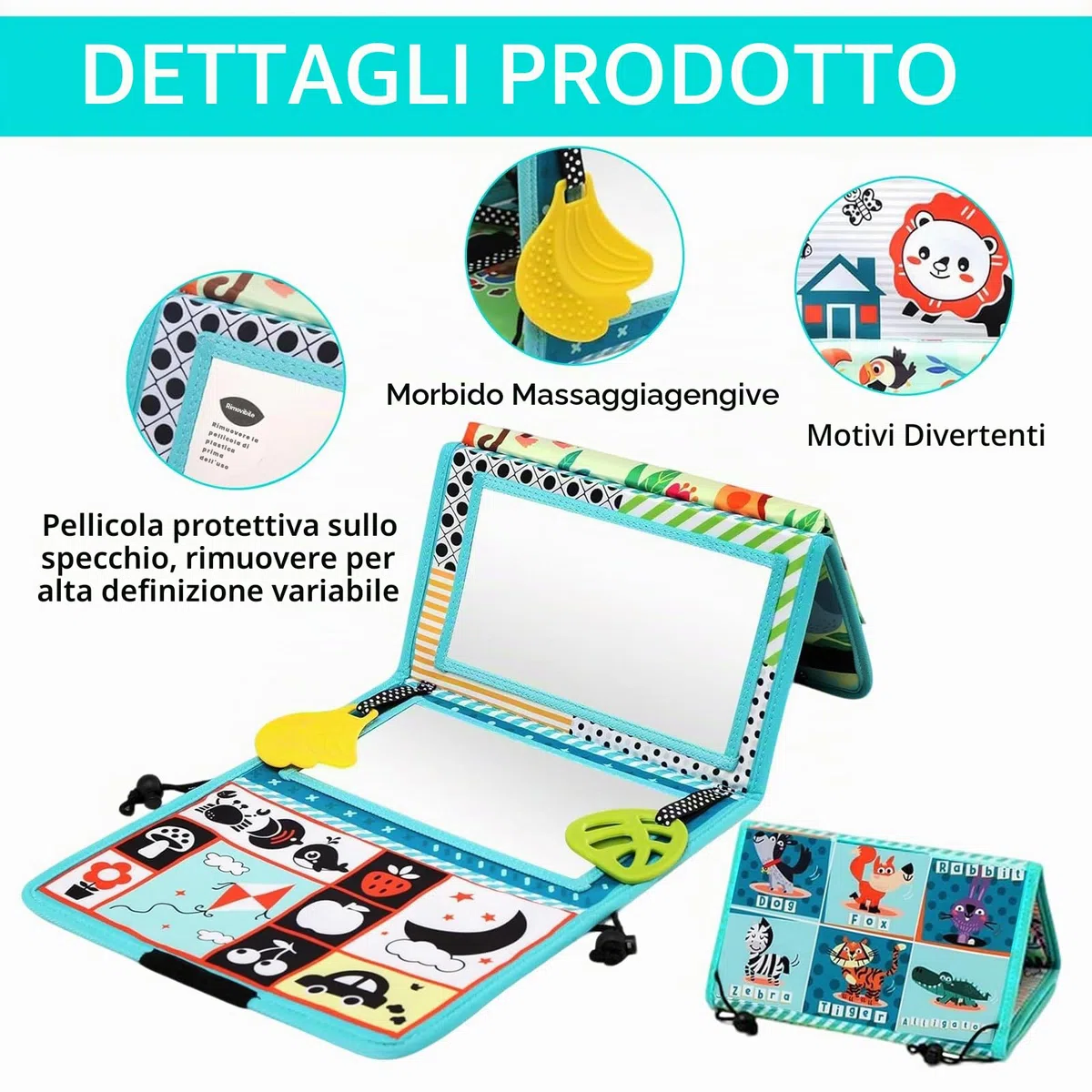 Giochi Montessori Neonato 0 3 6 12 Mesi, Libri di Stoffa con Specchio per Bambini, Libro Sensoriale Neonati Tummy Time Neonati Bianco e Nero Giocattoli Educativi Interattivo Regali per Neonato