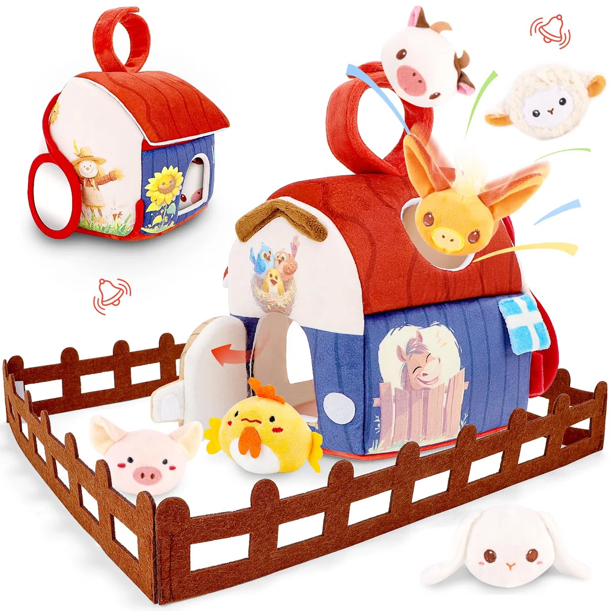 deAO Set di Peluche Sensoriali, Giocattoli per Neonati con Animali della Fattoria, Sonaglino e Specchio,Giocattoli Sensoriali Montessori, Articoli Educativi, Attrezzature per la Motricità,1 a 2 Anni