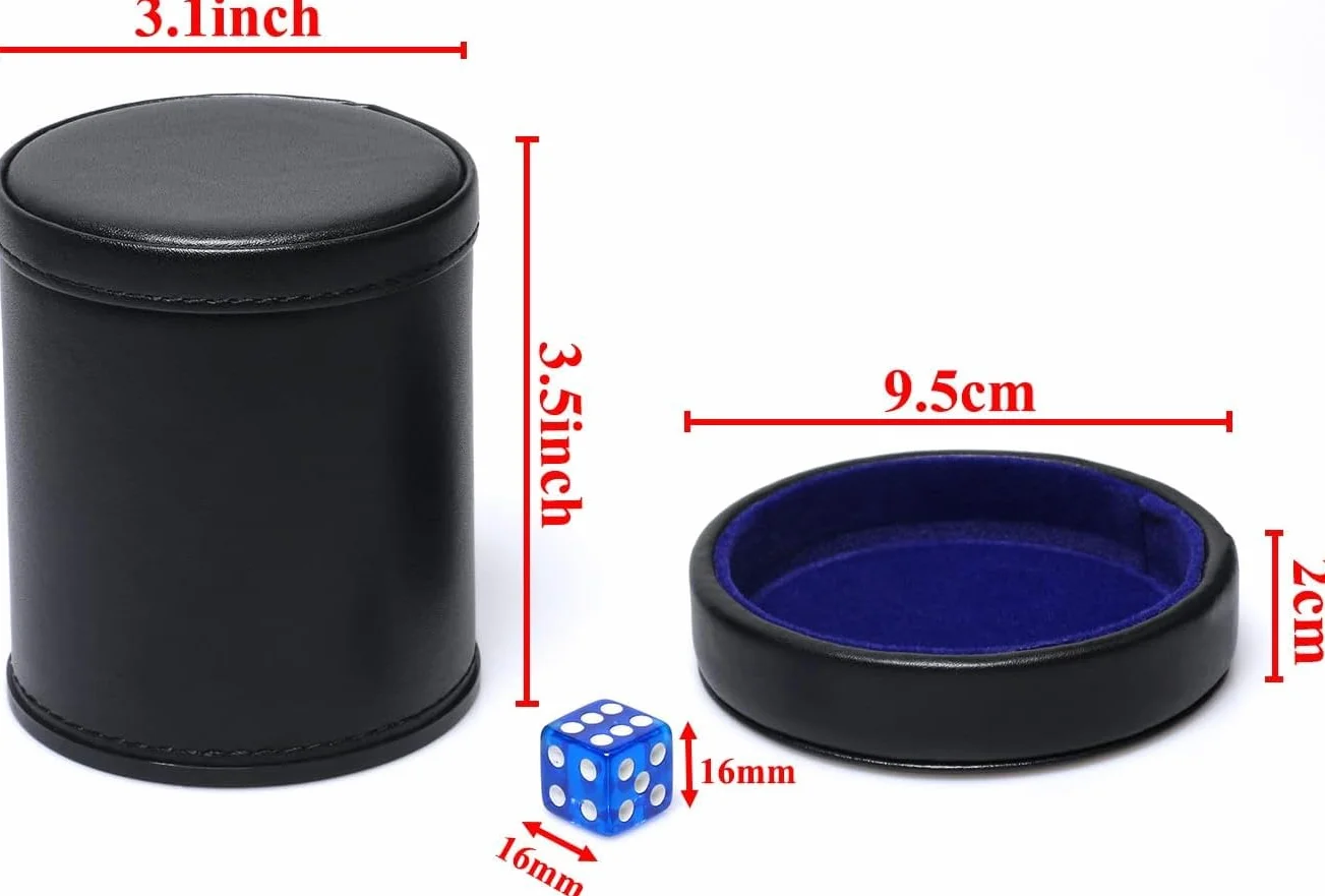 Coppa per dadi in pelle PU con coperchio, interno in velluto blu, silenzioso, include 6 dadi traslucidi blu per dadi bugiardi/farkle/giochi Yahtzee