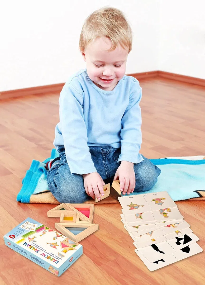 BOHS Tangram Traslucido con Carte Attività Multilingue - Spessore 1 pollice - Blocco Modello Regalo Prescolare - Puzzle da Tavolo Luminoso/Giocattoli con Finestra