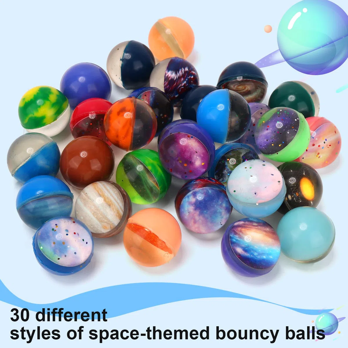 Pllieay 30PCS Galaxy Bouncy Balls, 32mmSpace Bouncy Balls Bulk, Space Party Favors Rubber Balls per bambini, Space Toys per bambini, riempimento della borsa regalo di Natale (30 stili)