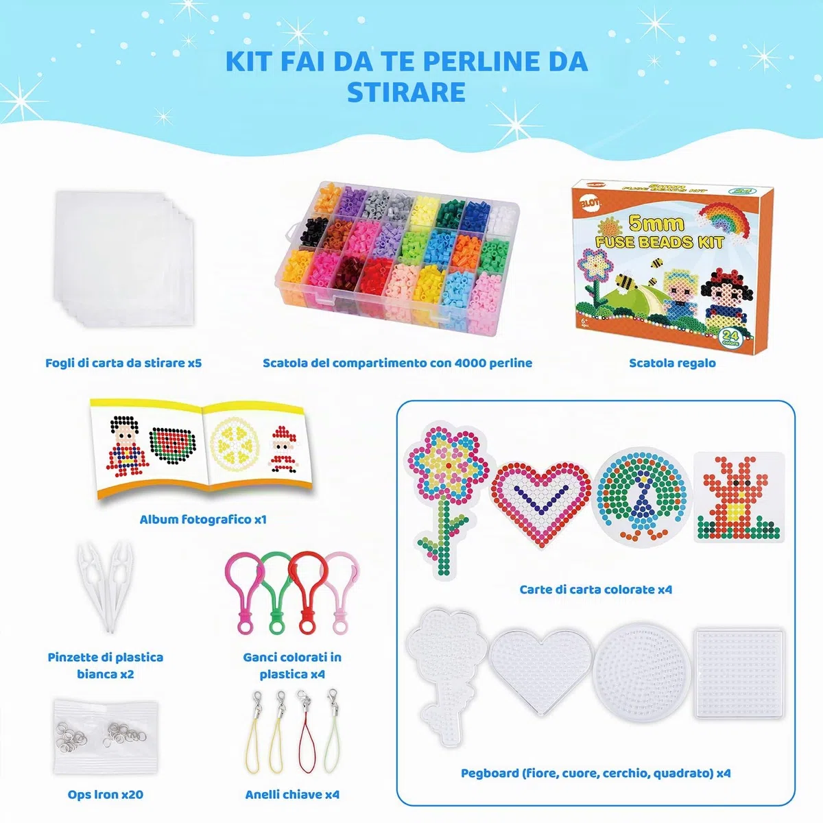 Perline da Stirare 4000 Pezzi 24 Colori Perline a Fusione con Pegboard Pinzette Piatti Set Gioco Creativo per Bambini Fai da Te, 5mm