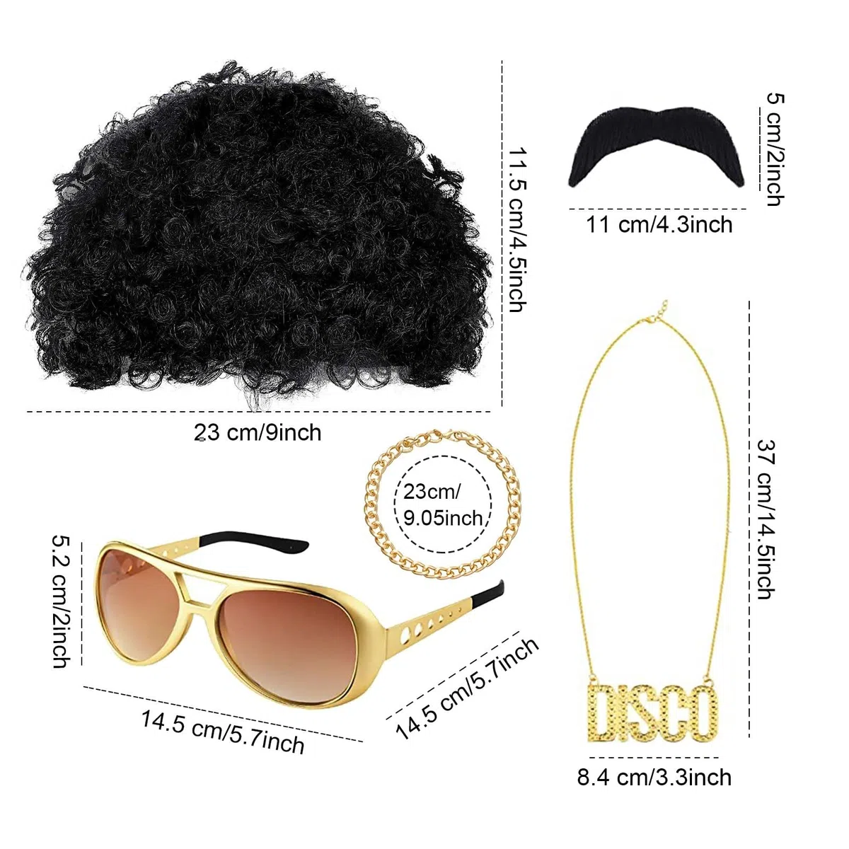 VIKSAUN 5 Pezzi Set di Costumi Hippie, Accessori Rapper Anni '80/'90, Parrucca Afro Funky, Parrucca Anni '70 '80 da Discoteca, Costume Anni '60 Anni '70 Costume Carnevale Discoteca Adatto