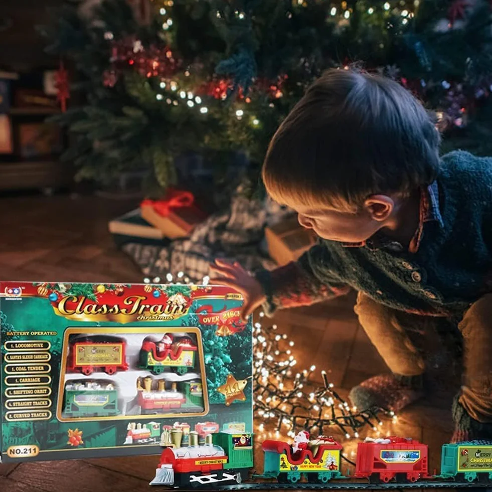 Trenino Natalizio Elettrico per Bambini, Treno con 4 Vagoni e Slitta Babbo Natale, Giocattolo Decorazione Albero di Natale, Pista Circolare 168 cm, Bambini