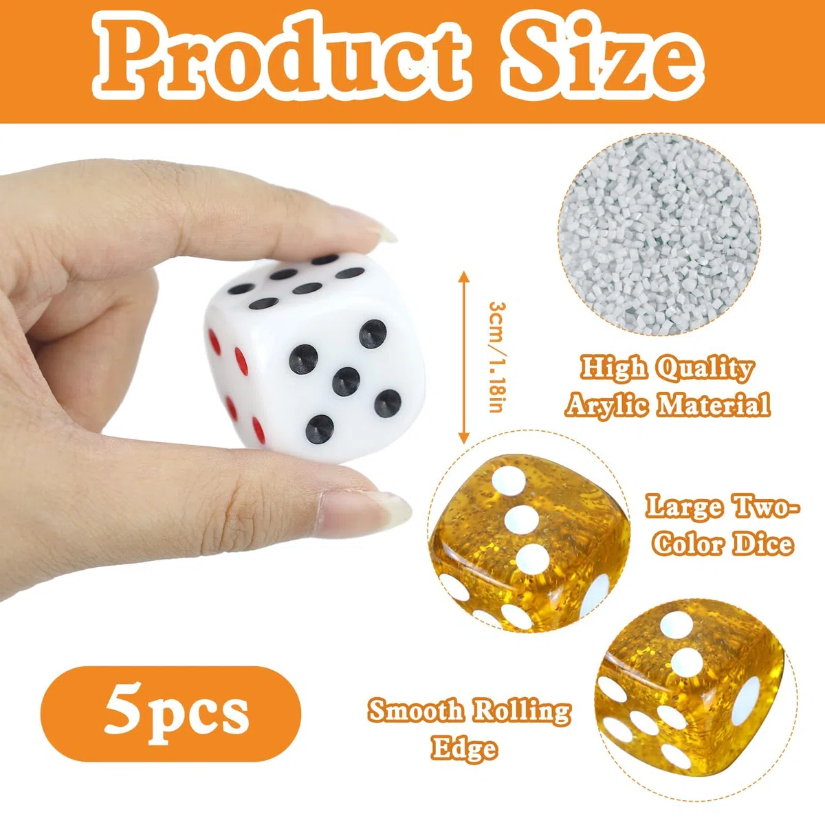 Set di 5 dadi grandi da gioco da 30 mm, set di dadi in acrilico da 6 lati con angoli arrotondati, dadi da gioco per giochi da tavolo, dadi standard D6 per poker, giochi per feste e giochi per