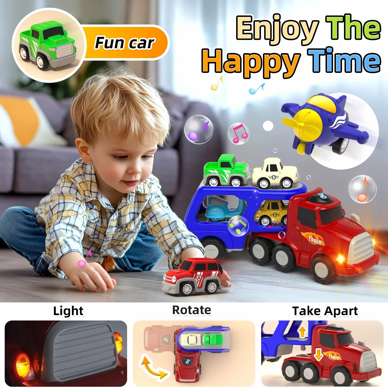usrela Giocattoli per Bambini di 3 4 5 Anni Ragazzi e Ragazze, Auto Camion Giocattolo con 6 Auto Giocattolo, 7 in 1 Trasportatore Con Luce e Musica, Regalo per Giocattoli Compleanno Natale