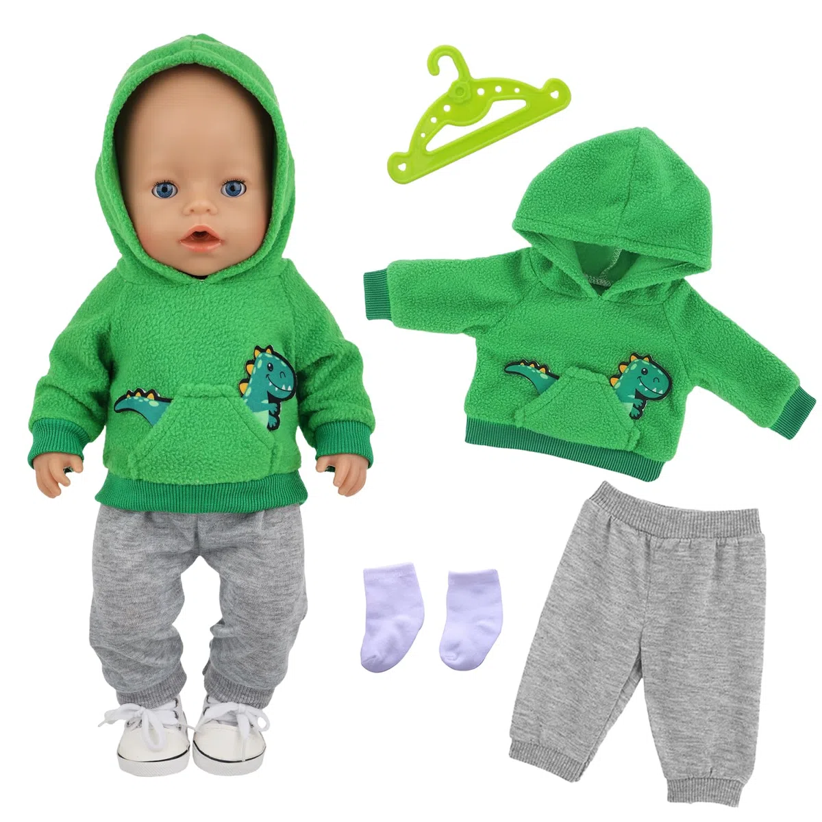 Vestiti per bambole da 14 a 18 pollici, 4 pezzi di vestiti per bambole da 35 a 45 cm, abiti per bambole da 43 cm, maglione verde a forma di dinosauro + pantaloni grigi + calzini bianchi, accessori per