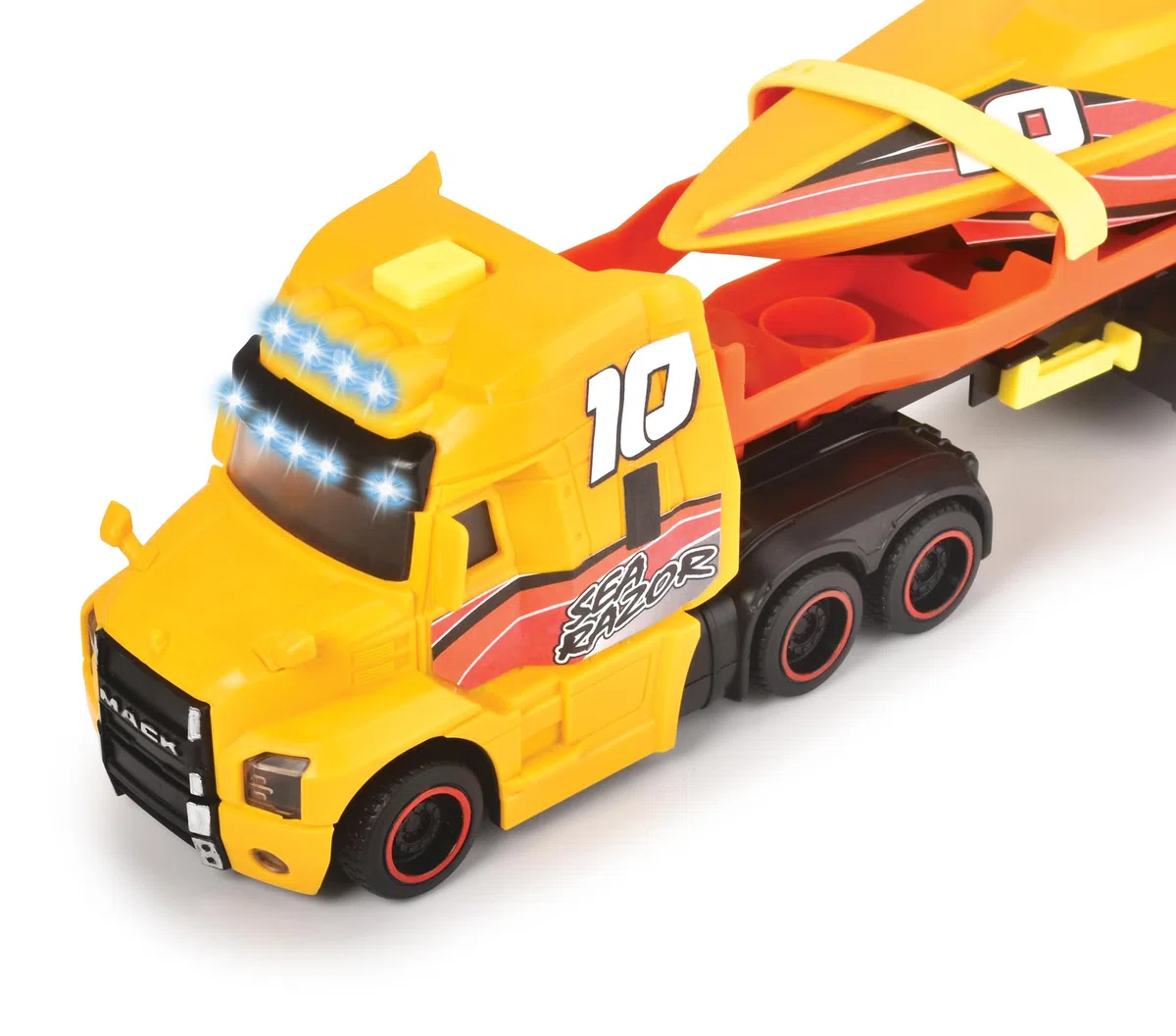 Dickie City Sea Race Mack Truck 40 cm, Parti apribili, Luci & Suoni, Incluso motoscafo con Motore a Molla, + 3 Anni, 203747009