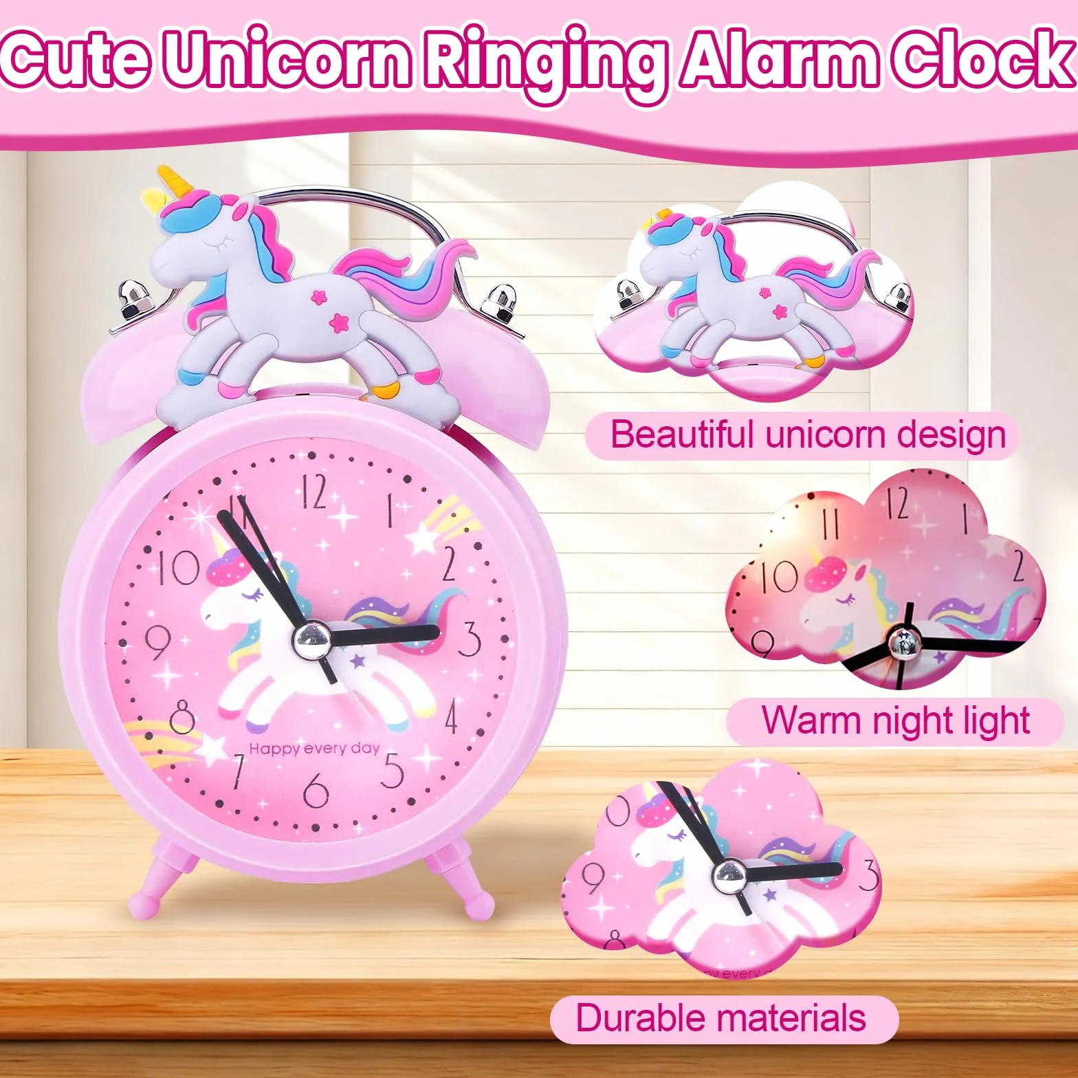 Aitsite Classico Sveglia Bambini, Orologio Unicorno Rosa con Luce Notturna Senza Ticchettio, Silenziosa, Portatile, Sveglia da Comodino Adatto per l'arredamento Della Stanza e Regali di Natale