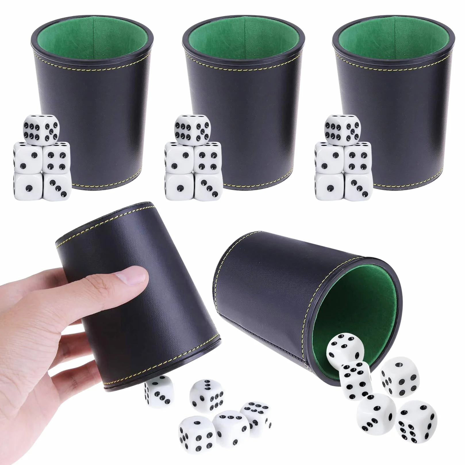 Set di 5 bicchieri cubi in pelle con 5 bicchieri cubi e 25 cubetti, in pelle, per giochi da viaggio per adulti