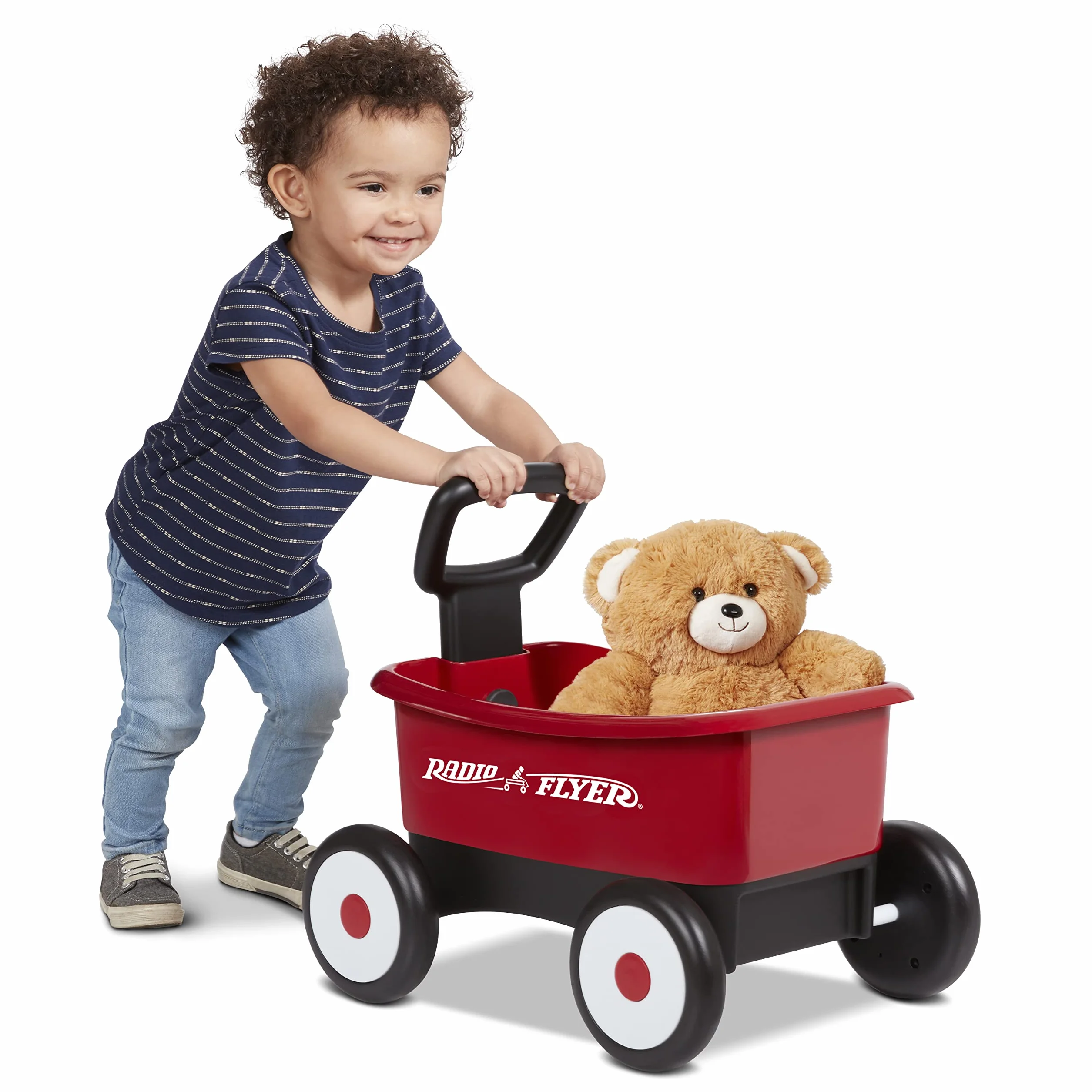 Radio Flyer Push & Pull Walker Wagon with Teddy Bear, Carrello giocattolo bambini, Carretto primi passi spingi e tira 2 in 1 rosso, con orsacchiotto, per bambini da 1 a 4 anni