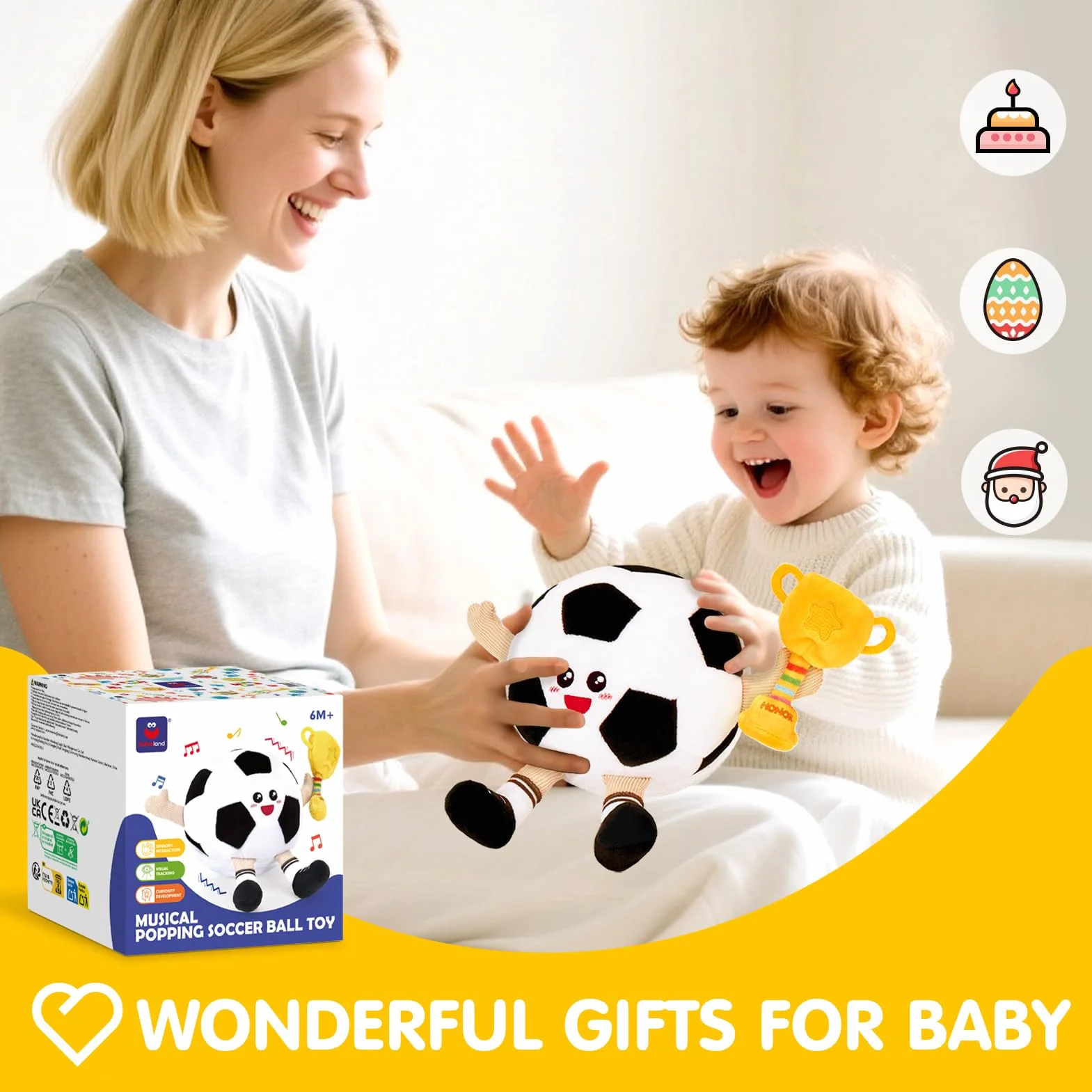 hahaland Giochi Neonato 3 6 9 Mesi, Peluche Calcio Giocattolo Interattivo con Musica e Registrazioni, Gattonare Giochi Regalo Bambini 1 Anno