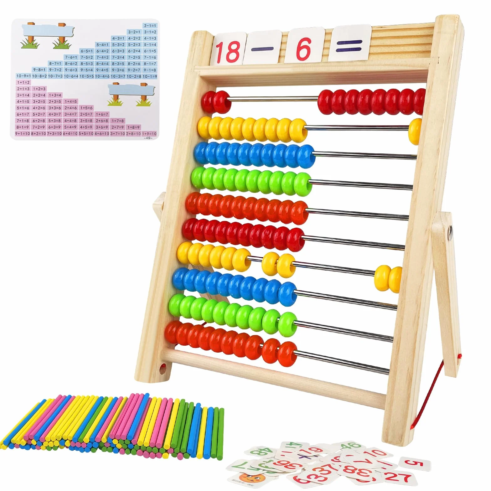 Fousenuk Abaco Scuola Primaria, Pallottoliere per Bambini, Legno Montessori Ausilio Aritmetico con 100 Perline/Bastoncini Contare/Schede Digitali, per e Calcolare dai 3 Anni Giocattolo Educativo