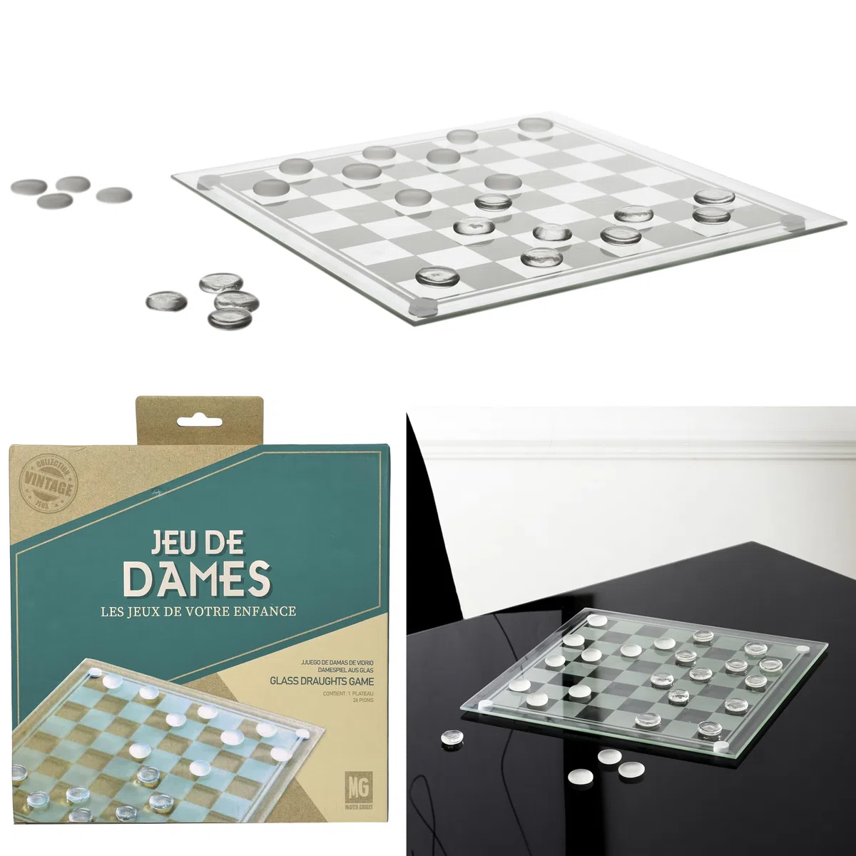 MISTER GADGET, MG3412, Gioco di Dama in Vetro, Gioco di Dama in Vetro Bianco, Nero, Momenti di Relax e apprezzabile estetica per Gli Amanti dei Giochi da Tavolo!