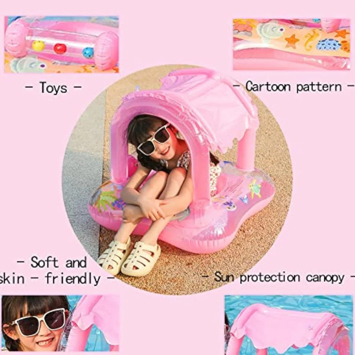 Galleggiante per piscina con tettuccio di protezione solare, aiuto gonfiabile per bambini, portatile, stile cartone animato, galleggianti d'acqua XBeach, Lago e | Anello da nuoto UV Toddlersc