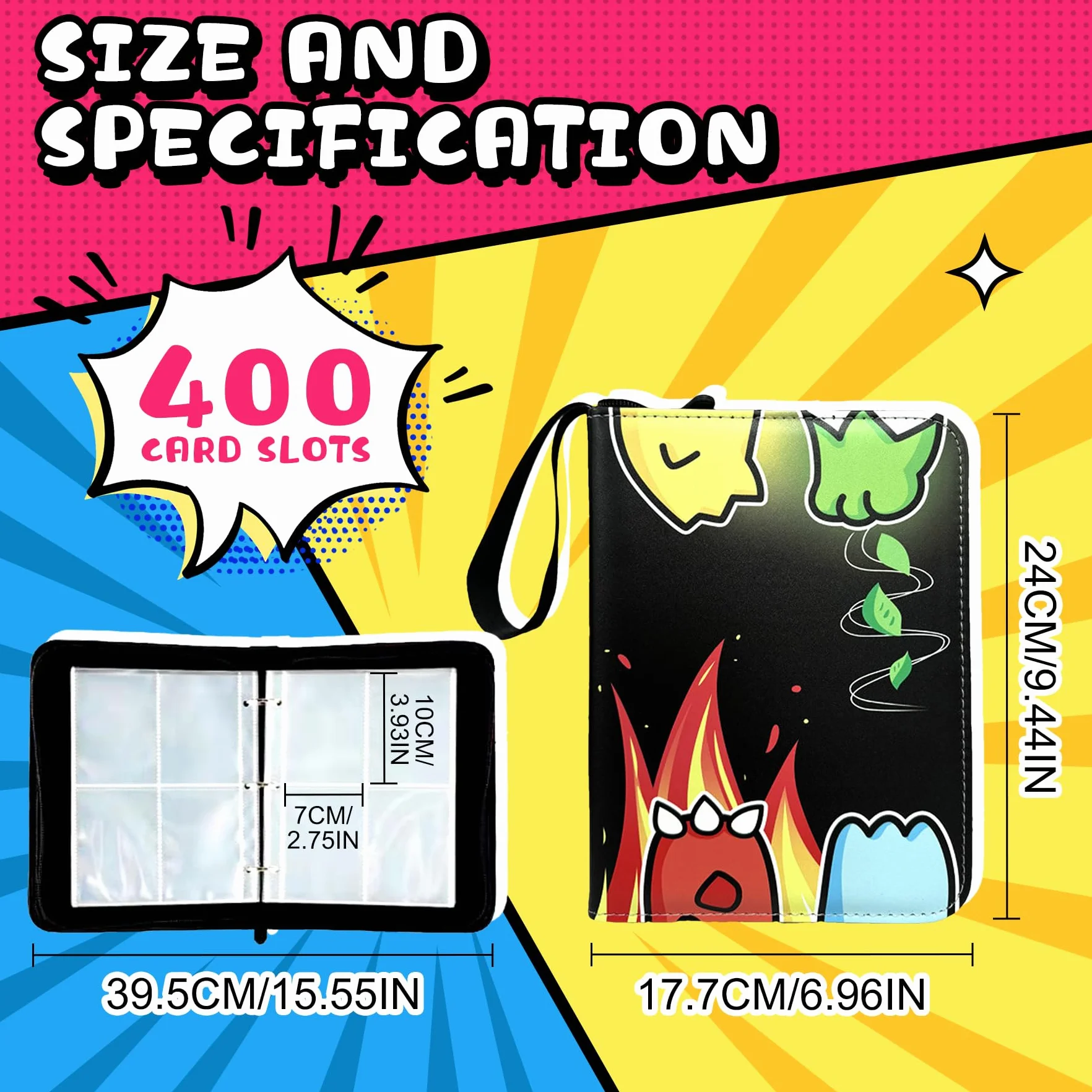 Raccoglitore Carte 400, Album Carte Collezionabili 4 Tasche 50 Pagine Capacità 400 Carte, Album Porta Carte con Cerniera, PU Raccoglitore Impermeabile, Regalo per Collezionisti e Bambini (B)