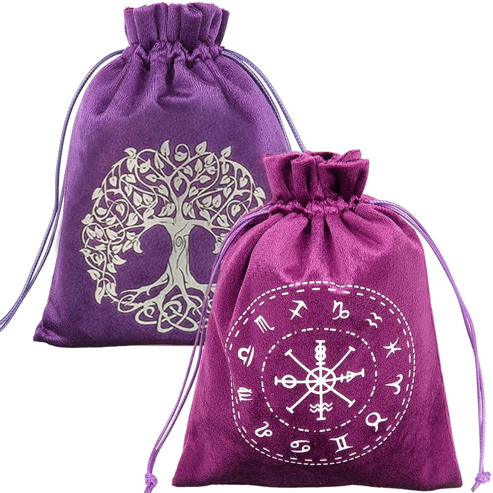 CREATCABIN 2 pz Sacchetti Tarocchi Sacchetti in Velluto Coulisse Sacchetti Carte dei Tarocchi Porta Mazzi Tarocchi Nero Viola Lo Zodiaco Albero Vita Avvolgere Sacchetti Gioielli Cristalli 12.5x15cm