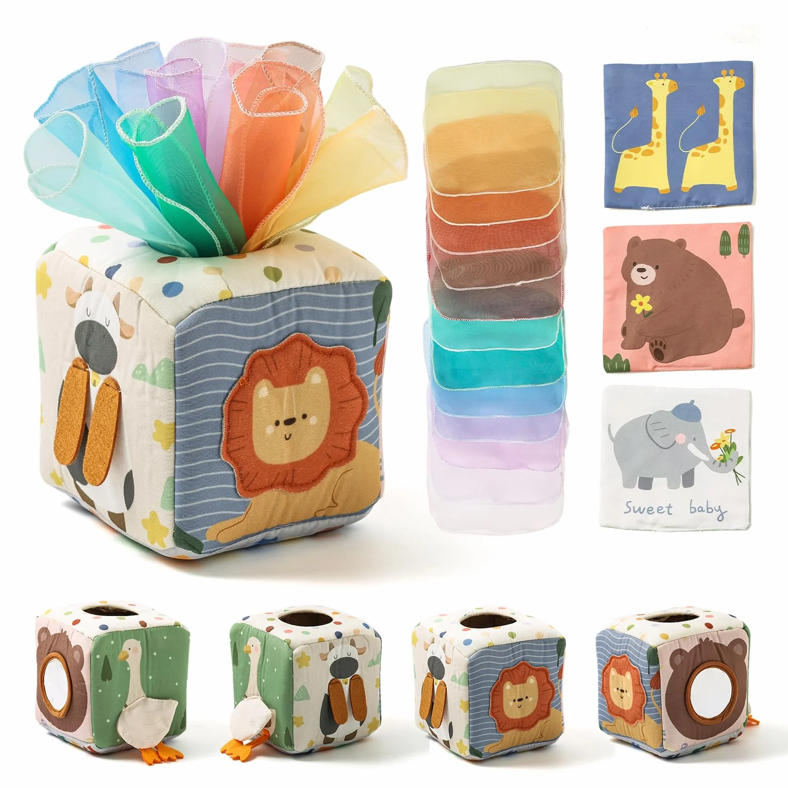Youuys Scatola Fazzoletti Montessori per Bambini 1 Anno,Giocattolo Sensoriale per Neonati 6-12 Mesi,Giochi Montessori 6-9 Mesi con Specchio,Regalo per Neonato Maschio e Femmina
