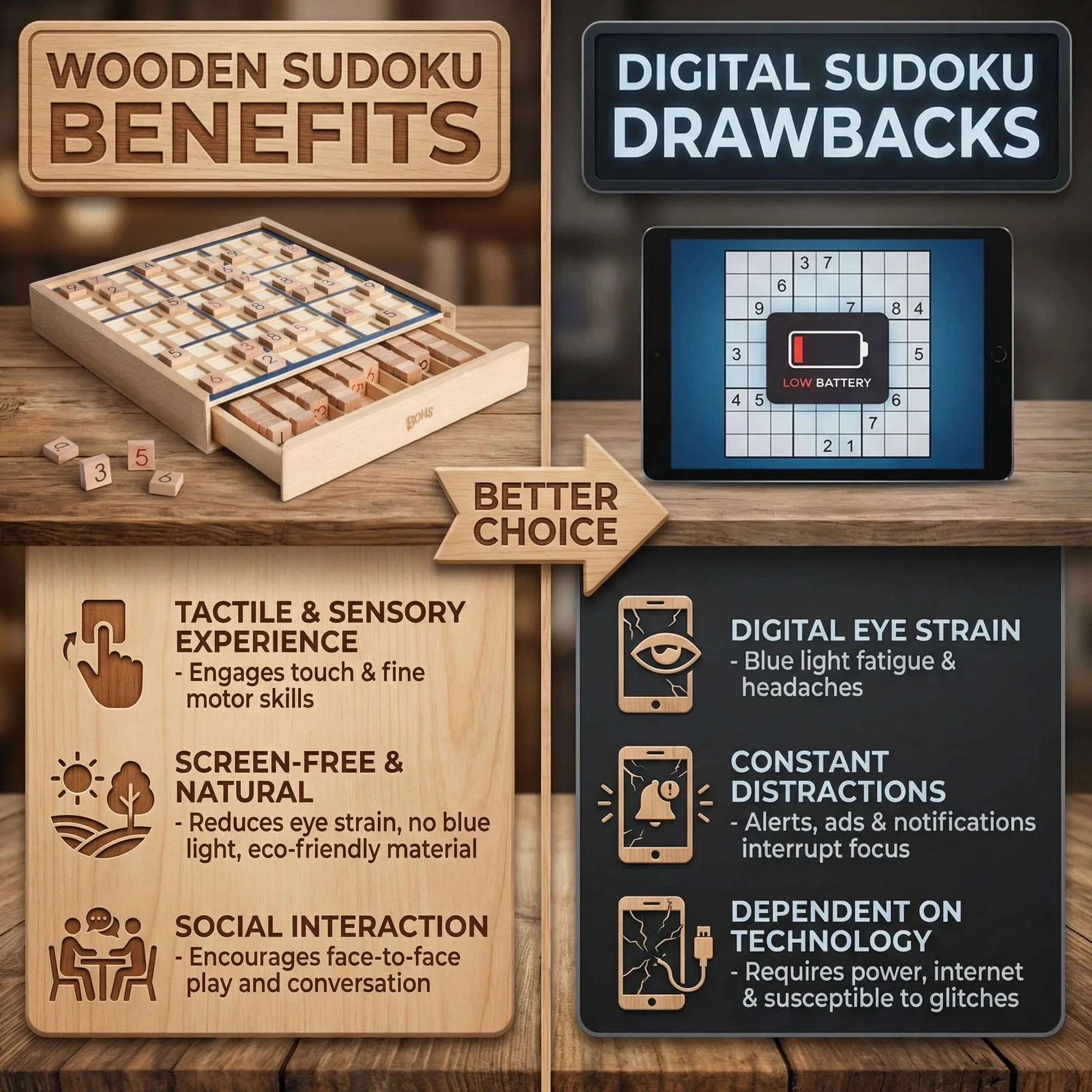 BOHS Gioco da Tavolo Sudoku in Legno con Cassetto per Adulti 100 Puzzle